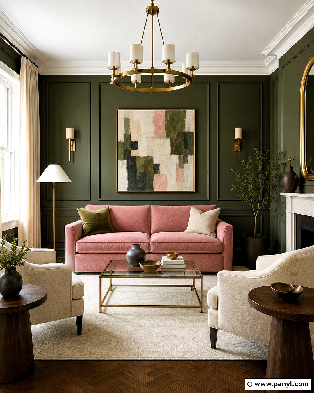 Dark Green and Pink Living Room With Brass Accents - 20 dark green and pink living room ideas