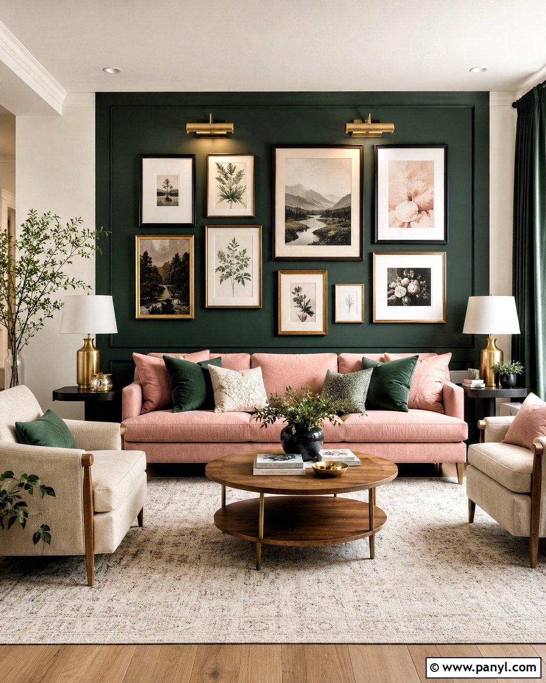 Dark Green and Pink Living Room With Gallery Wall - 20 dark green and pink living room ideas