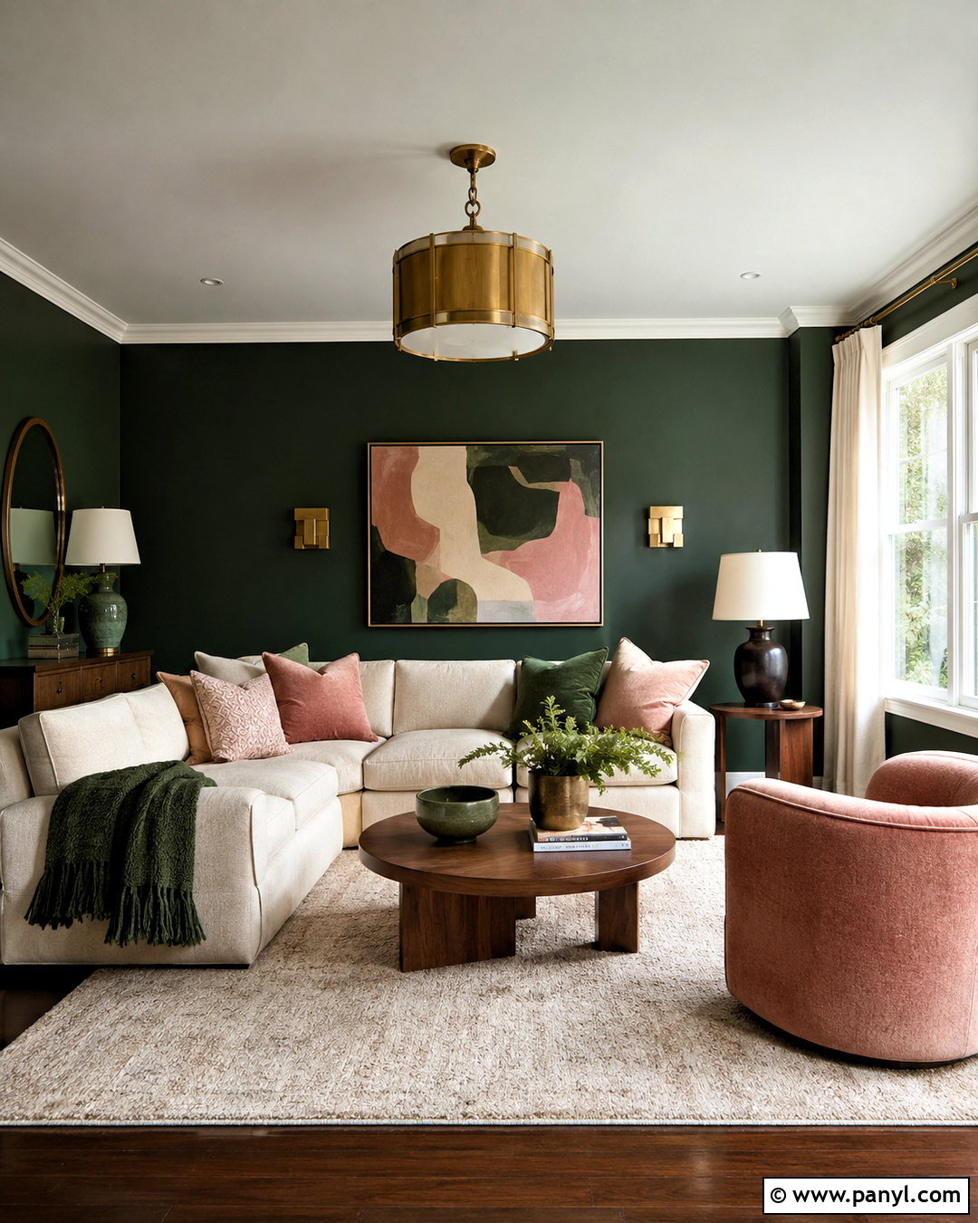 Dark Green and Pink Living Room With Neutral Sofa - 20 dark green and pink living room ideas