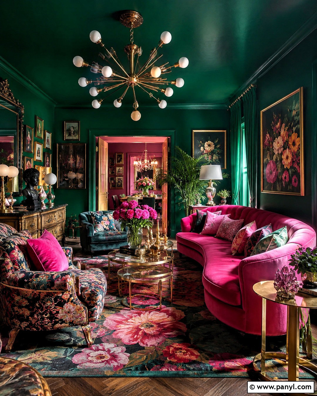 Dark Green and Pink Maximalist Living Room - 20 dark green and pink living room ideas