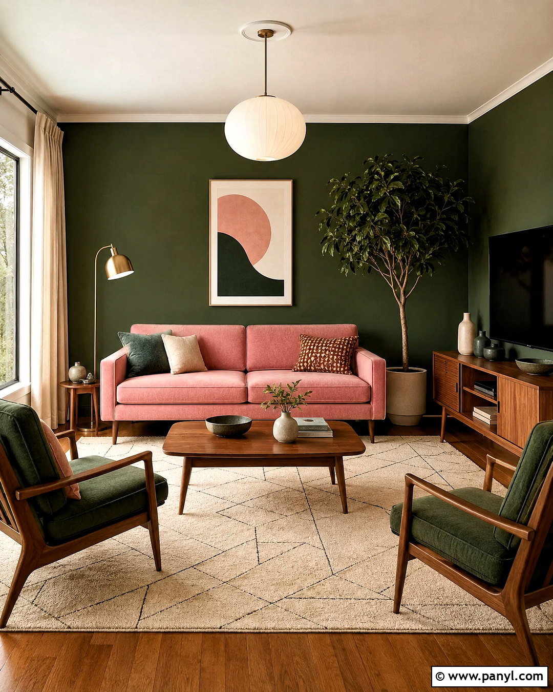 Dark Green and Pink Midcentury Living Room - 20 dark green and pink living room ideas