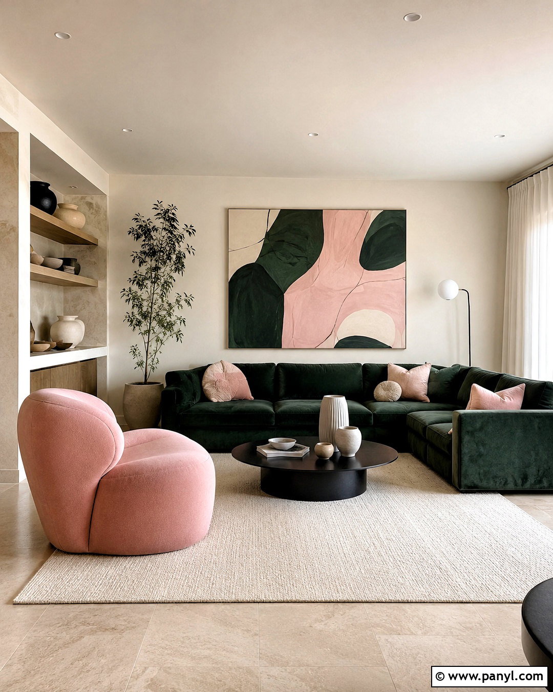 Dark Green and Pink Modern Living Room - 20 dark green and pink living room ideas