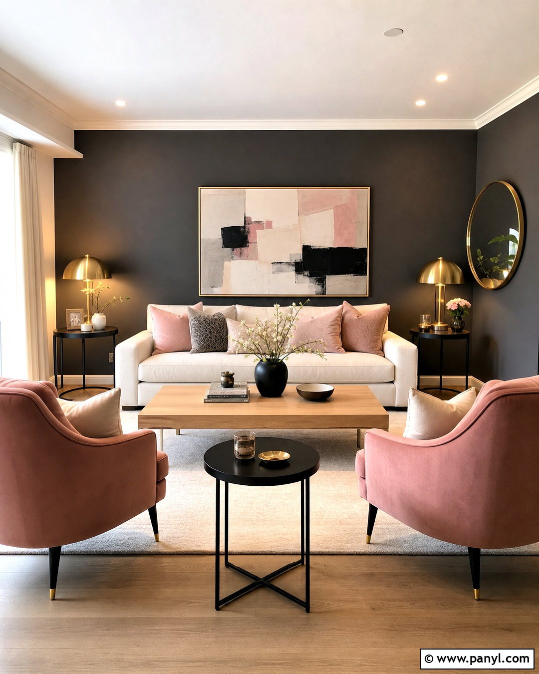 Dark Grey Accent Wall With Blush Pink Decor - 20 dark grey accent wall living room ideas