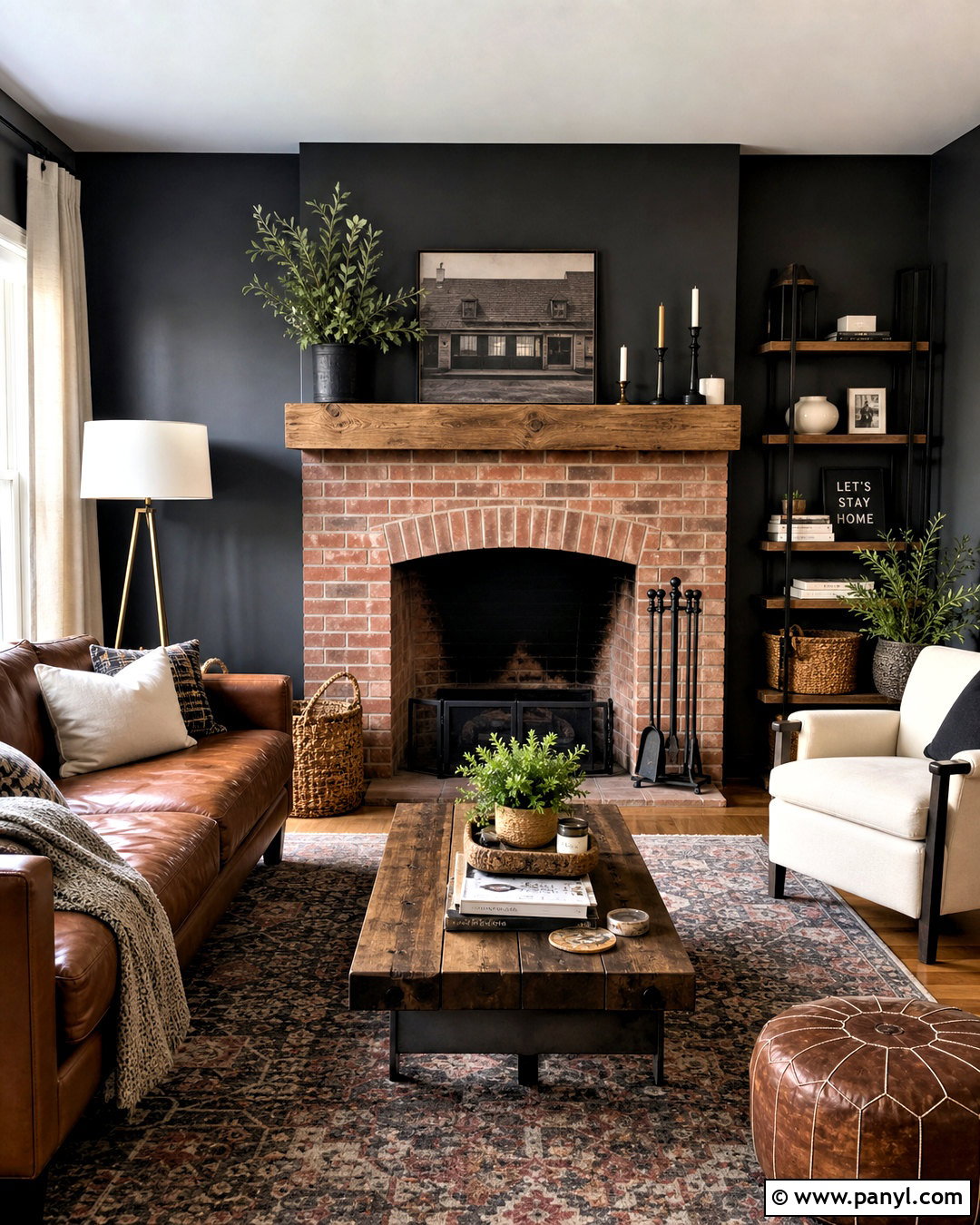 Dark Grey Accent Wall With Brick Fireplace - 20 dark grey accent wall living room ideas