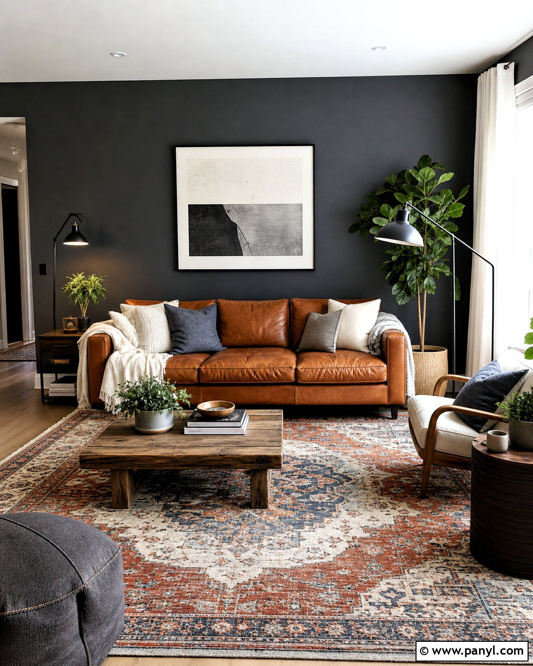 Dark Grey Accent Wall With Brown Leather Sofa - 20 dark grey accent wall living room ideas