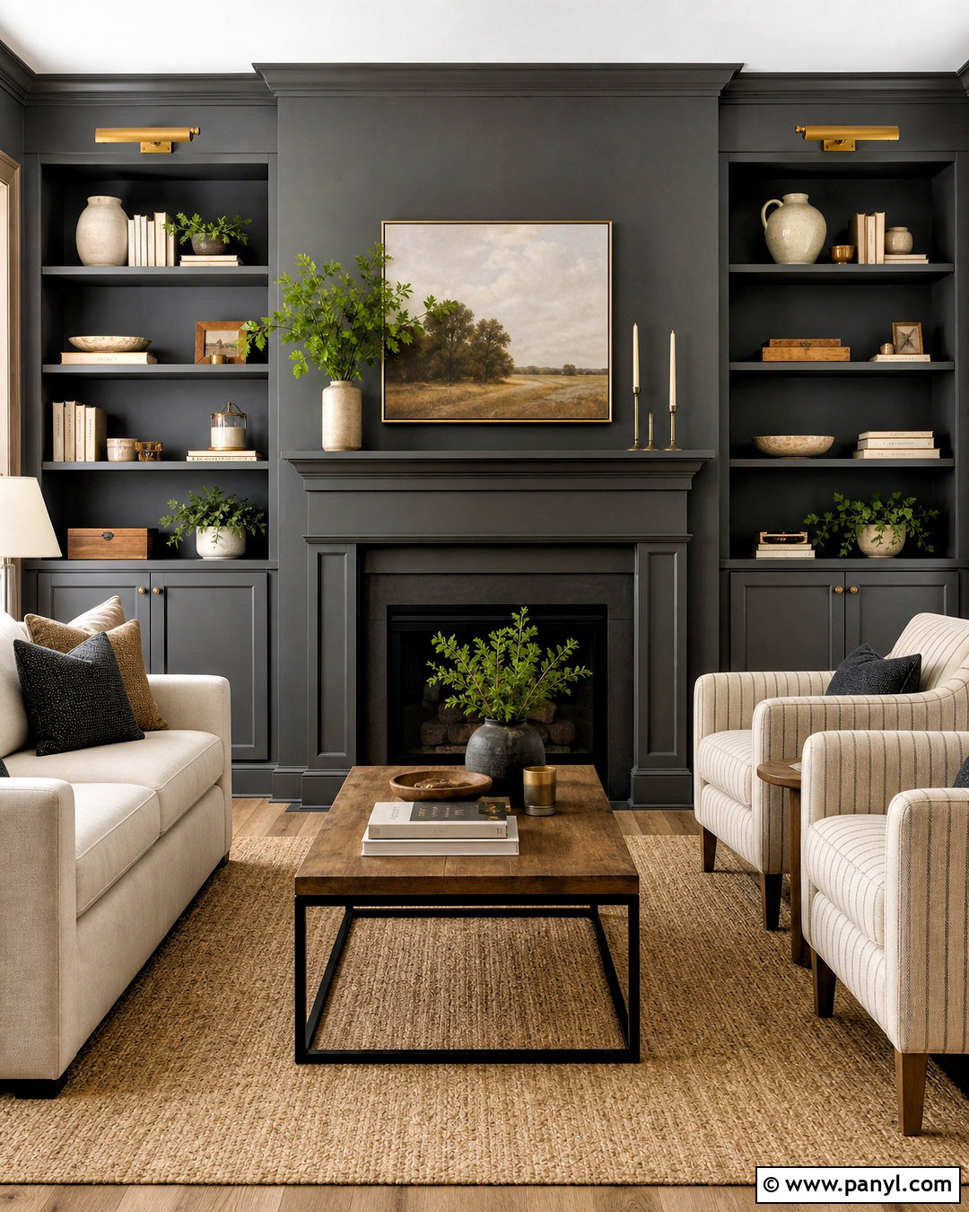 Dark Grey Accent Wall With Built-In Shelves - 20 dark grey accent wall living room ideas