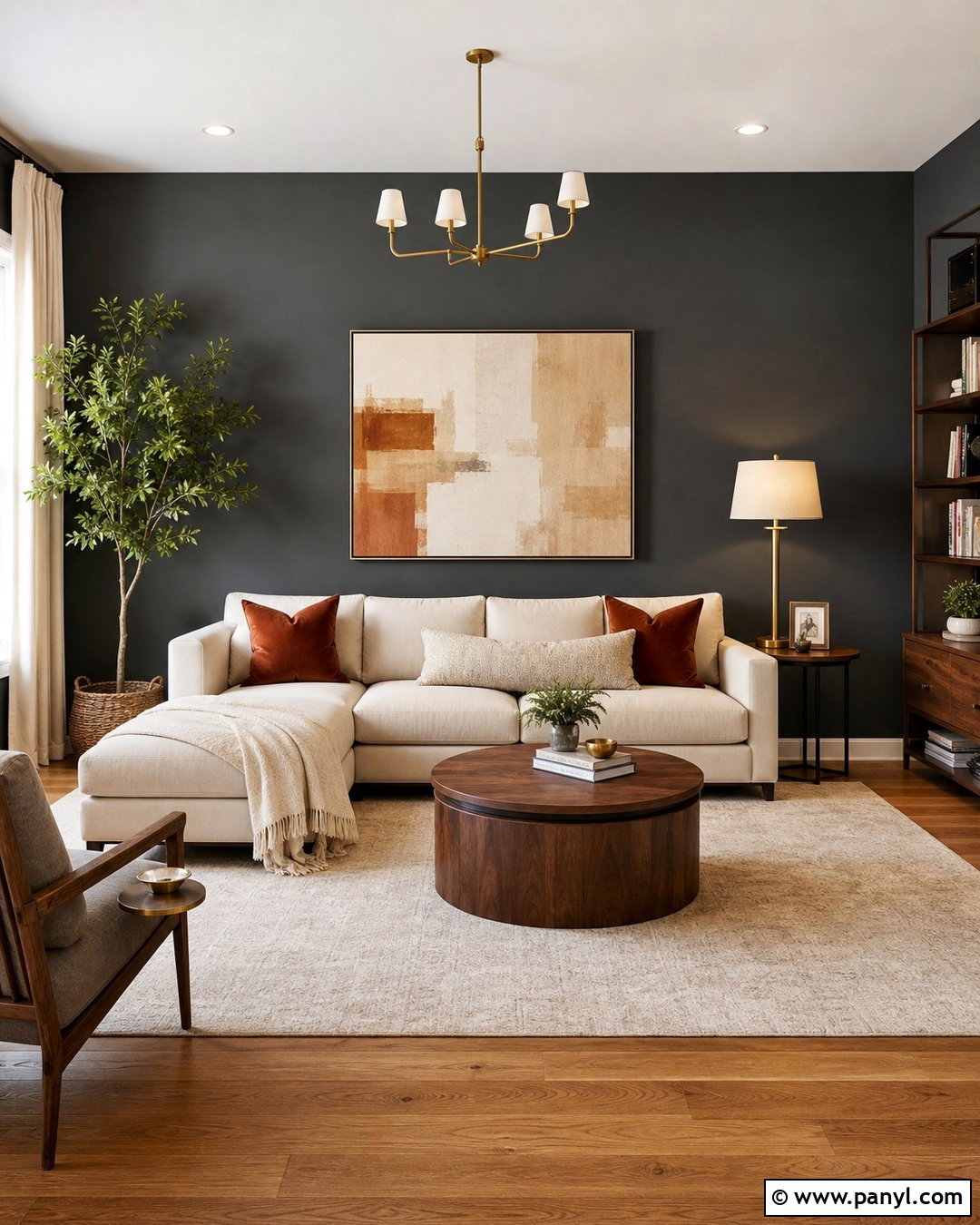Dark Grey Accent Wall With Cream Sofa - 30 Dark Grey Accent Wall Ideas