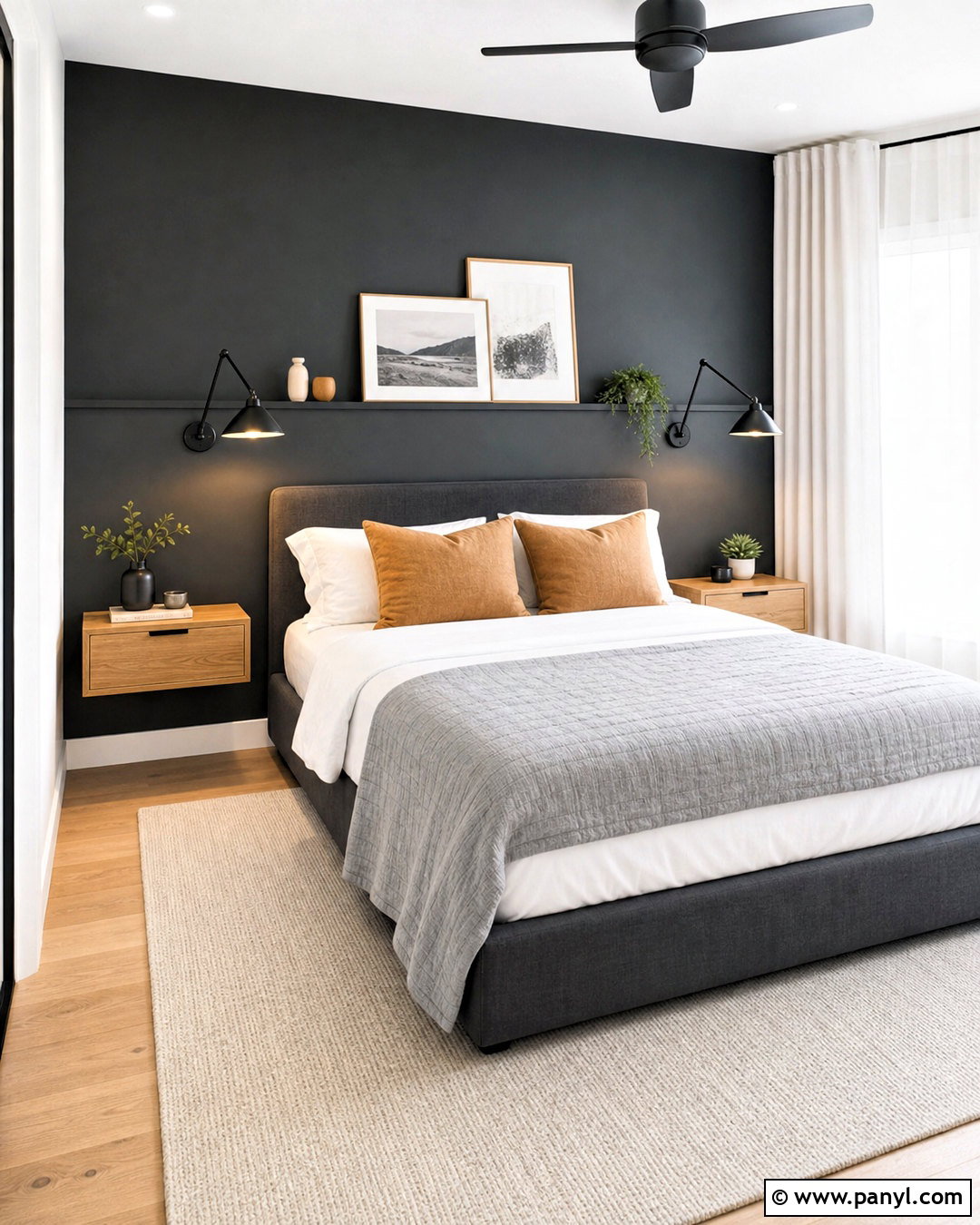 Dark Grey Accent Wall With Floating Nightstands - 20 dark grey accent wall bedroom ideas