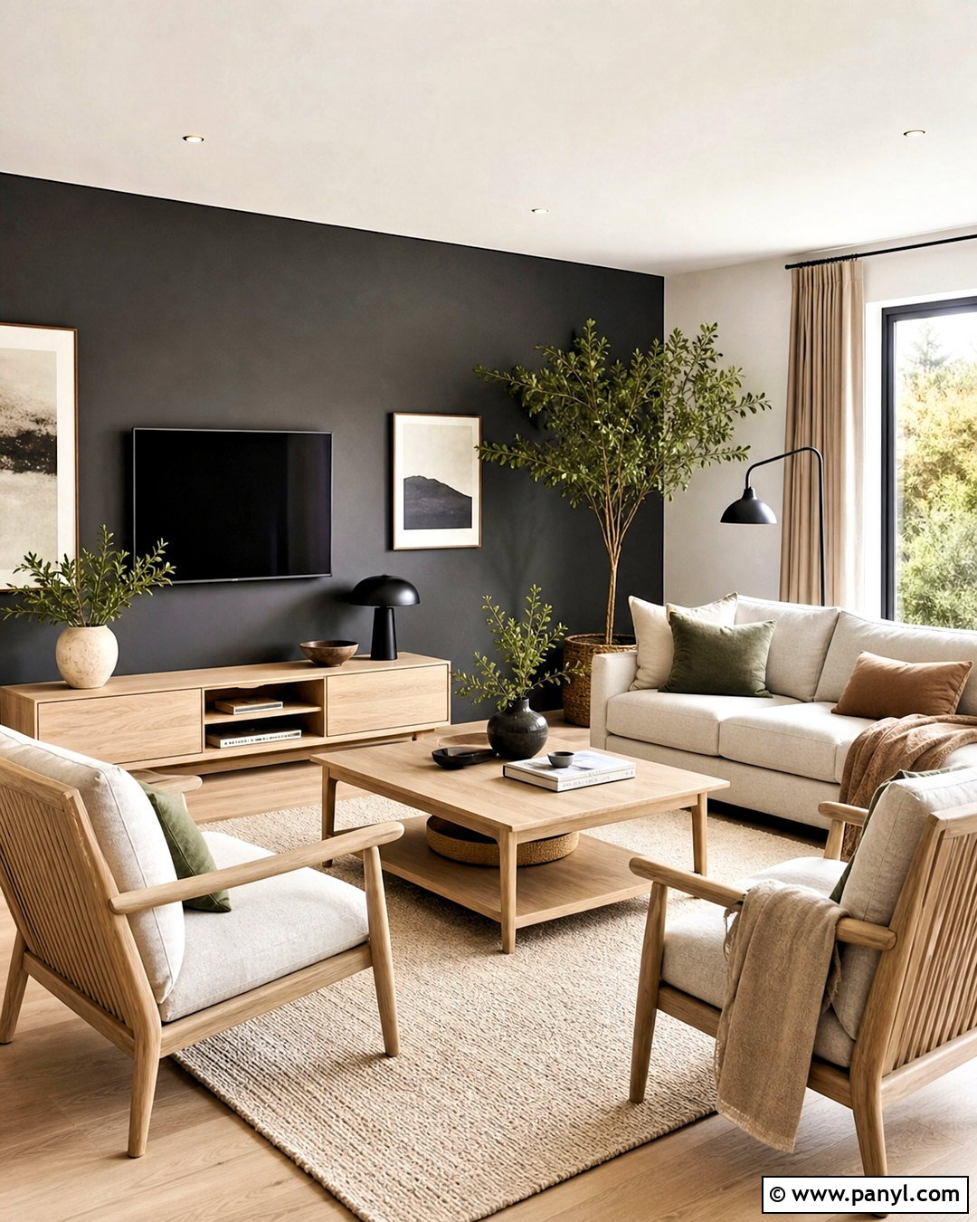 Dark Grey Accent Wall With Light Wood Furniture - 20 dark grey accent wall living room ideas