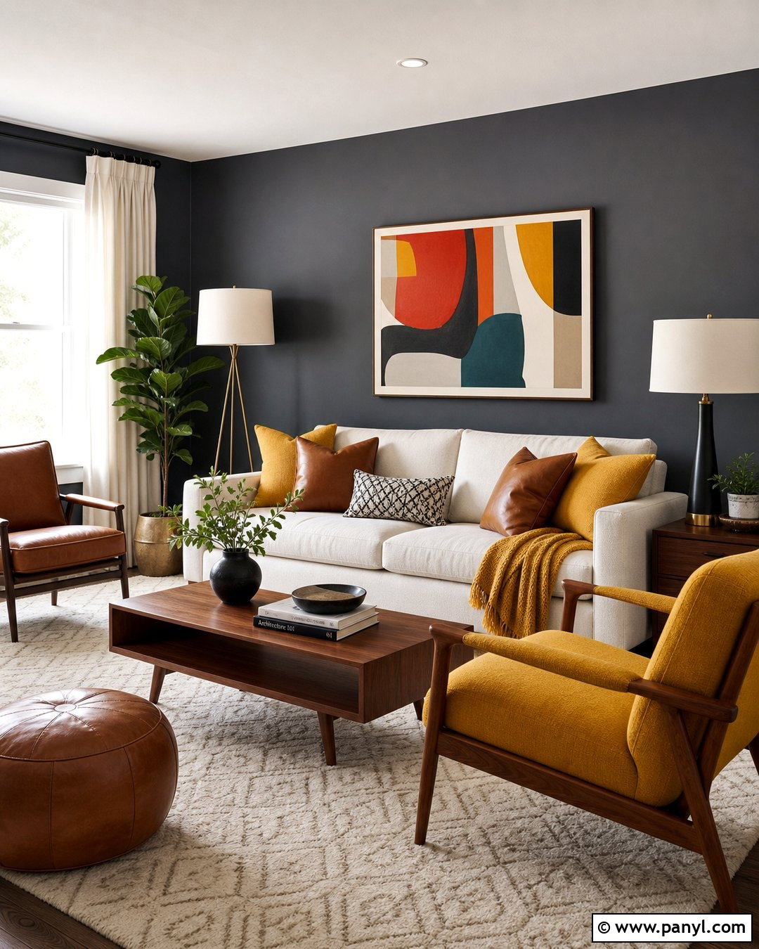 Dark Grey Accent Wall With Mustard Decor - 30 Dark Grey Accent Wall Ideas