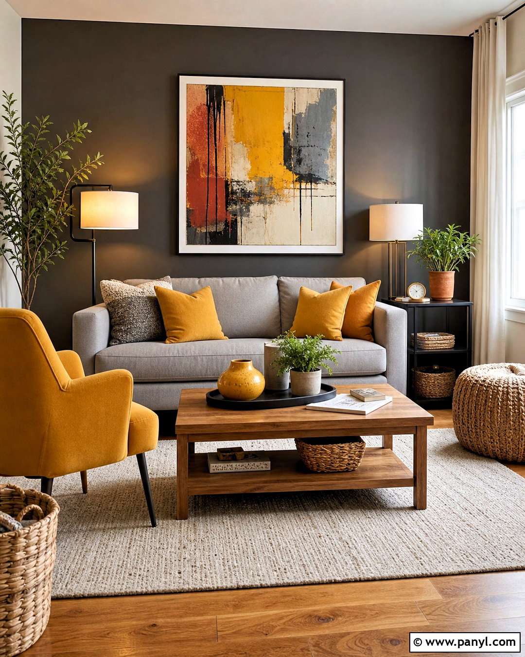 Dark Grey Accent Wall With Mustard Yellow Decor - 20 dark grey accent wall living room ideas