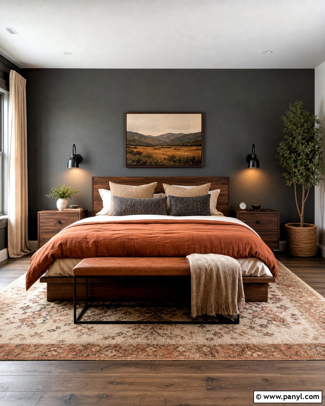 Dark Grey Accent Wall With Rust Bedding - 20 dark grey accent wall bedroom ideas