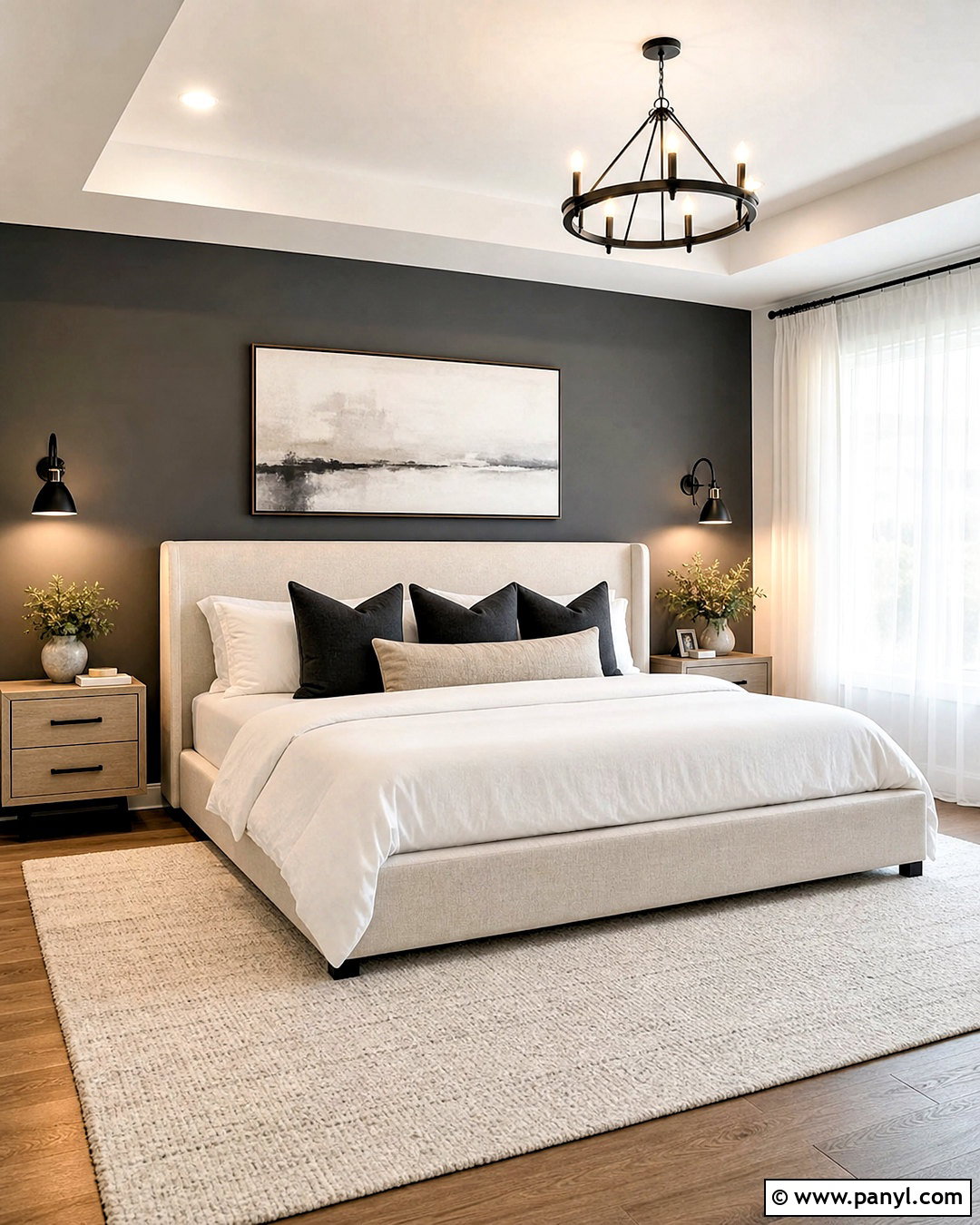 Dark Grey Accent Wall With White Bedding - 20 dark grey accent wall bedroom ideas