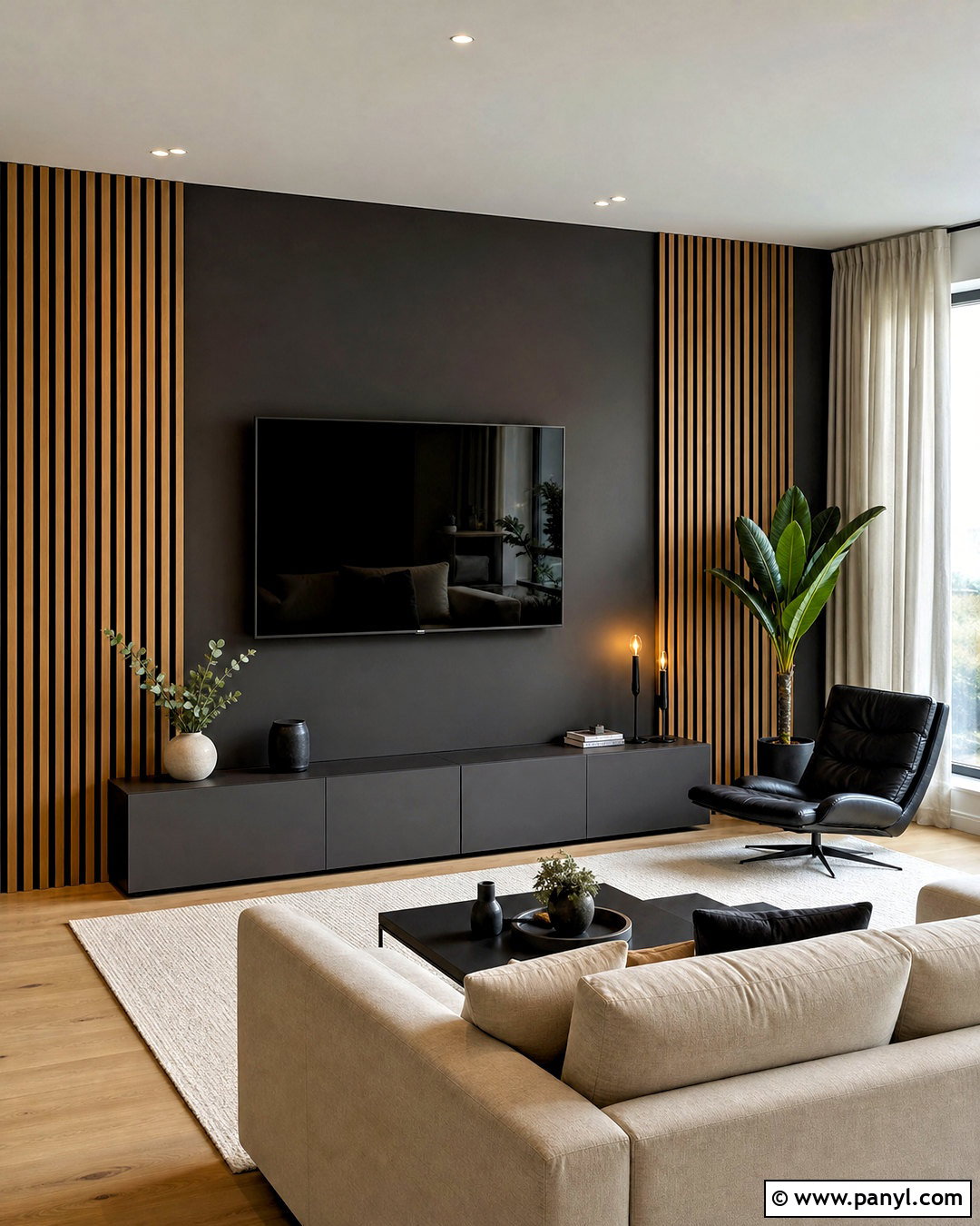 Dark Grey Accent Wall With Wood Slats - 20 dark grey accent wall living room ideas