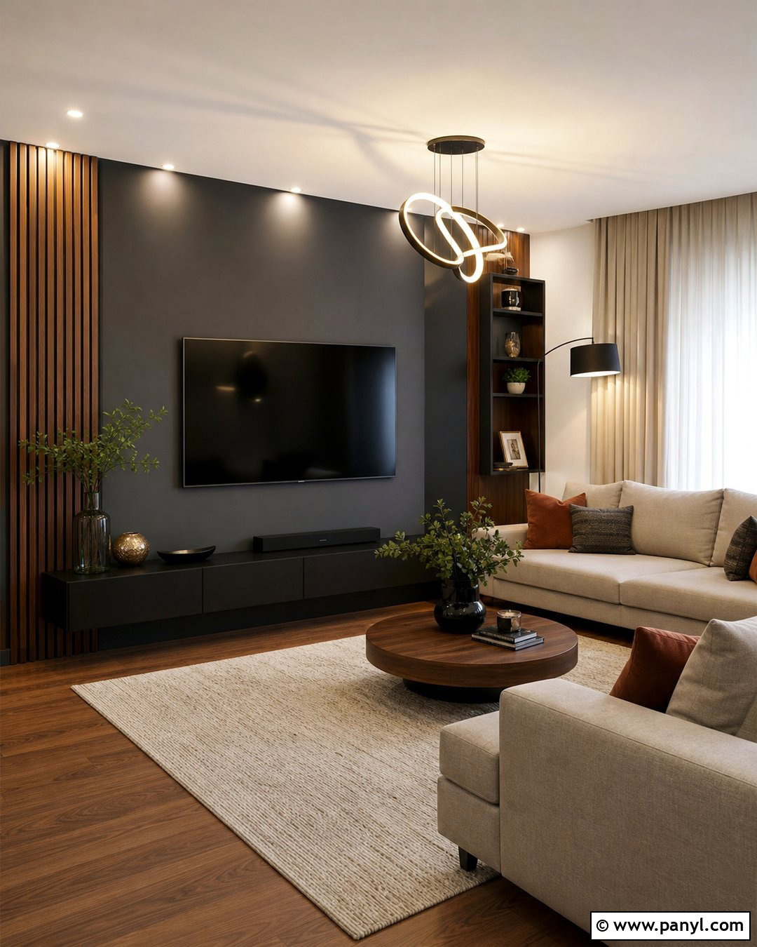 Dark Grey Accent Wall With Wood Slats - 30 Dark Grey Accent Wall Ideas