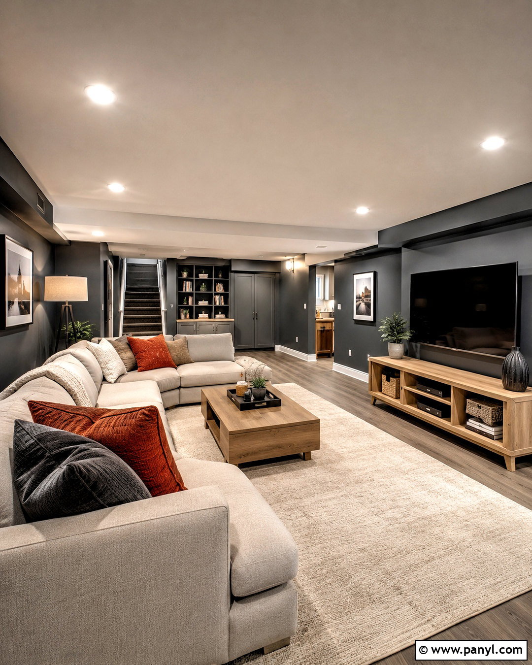 Dark Grey Basement Room With Layered Lighting - 20 dark grey room ideas