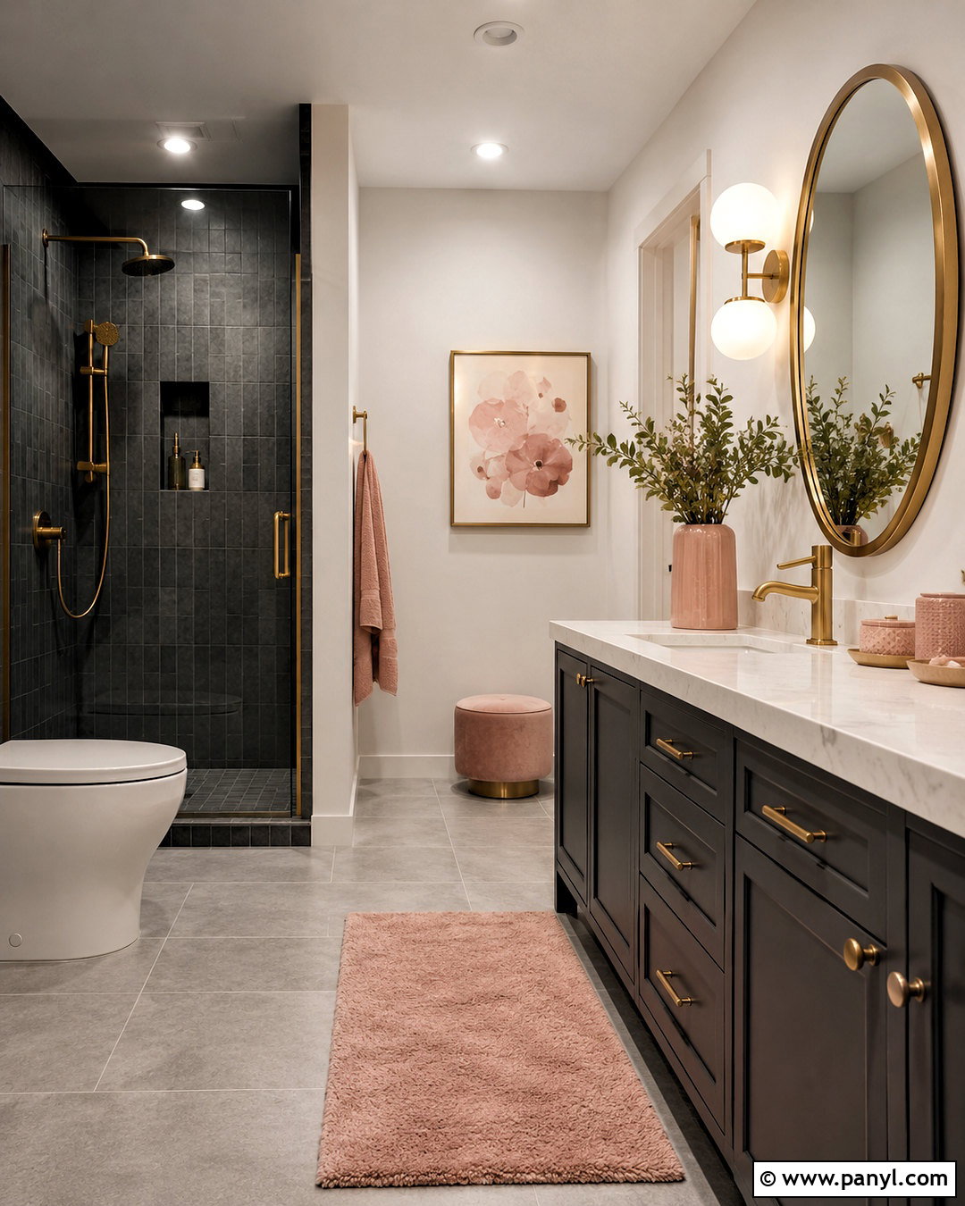 Dark Grey Bathroom With Blush Accents - 20 dark grey bathroom ideas