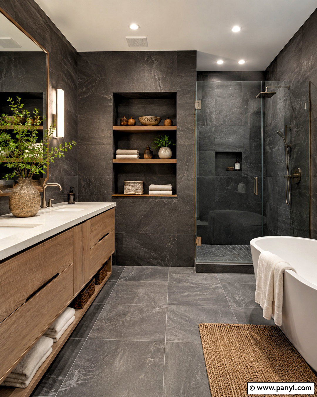 Dark Grey Bathroom With Warm Wood - 20 dark grey bathroom ideas