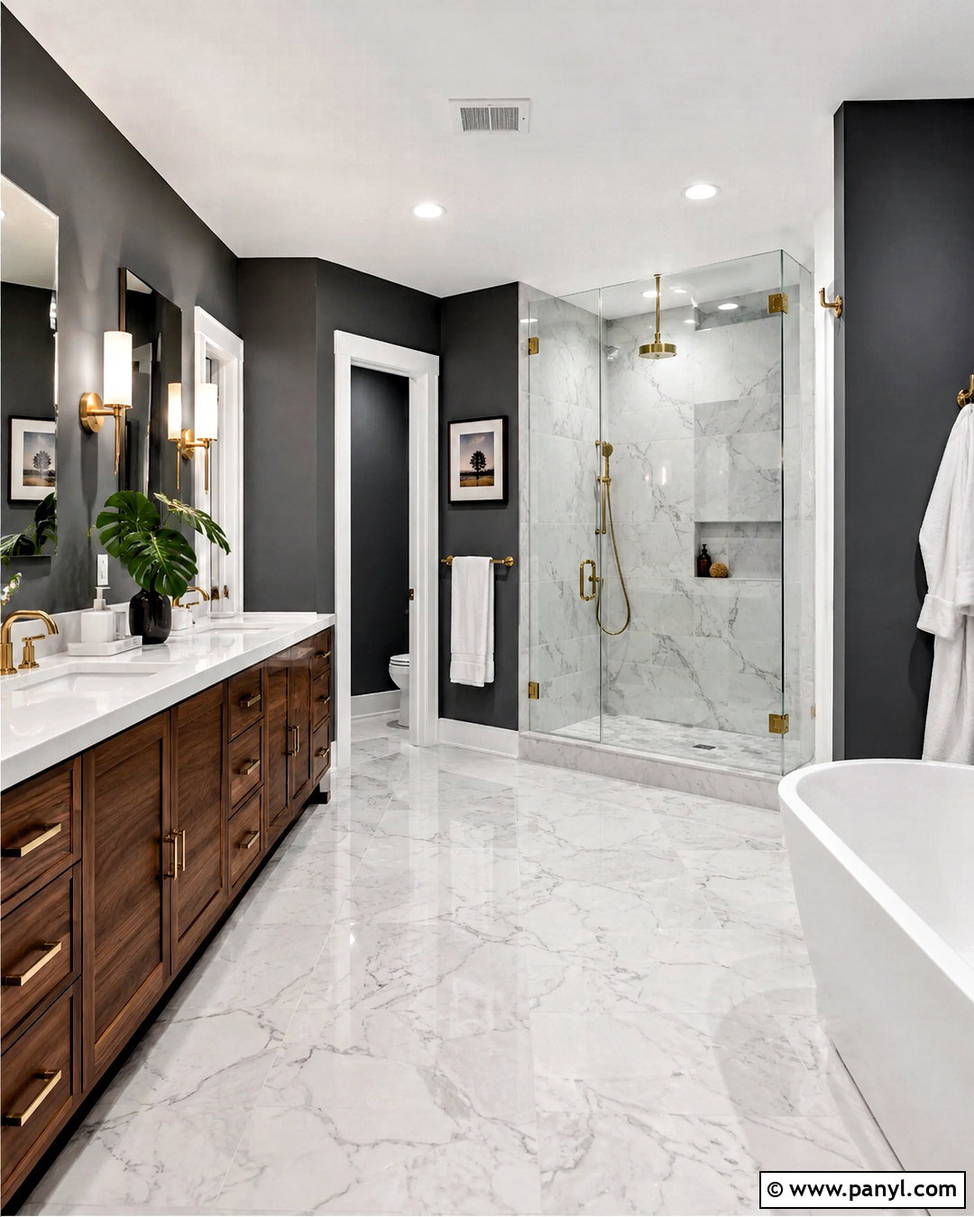 Dark Grey Bathroom With White Marble - 40 Dark Grey Walls