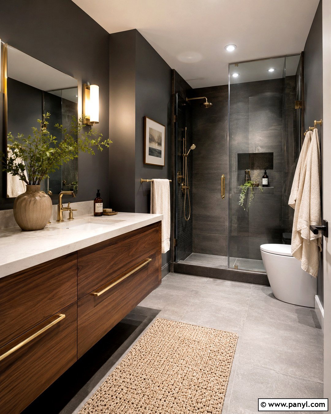 Dark Grey Bathroom With Wood Vanity - 20 Bathrooms With Grey Walls