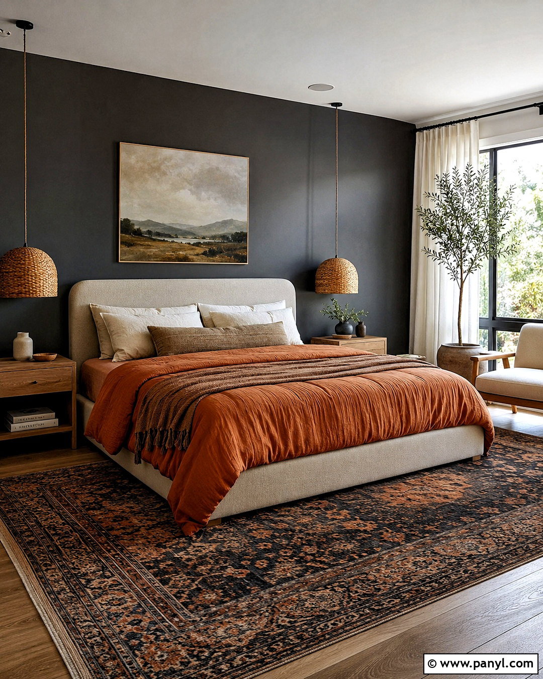 Dark Grey Bedroom With Rust Bedding - 40 Dark Grey Walls