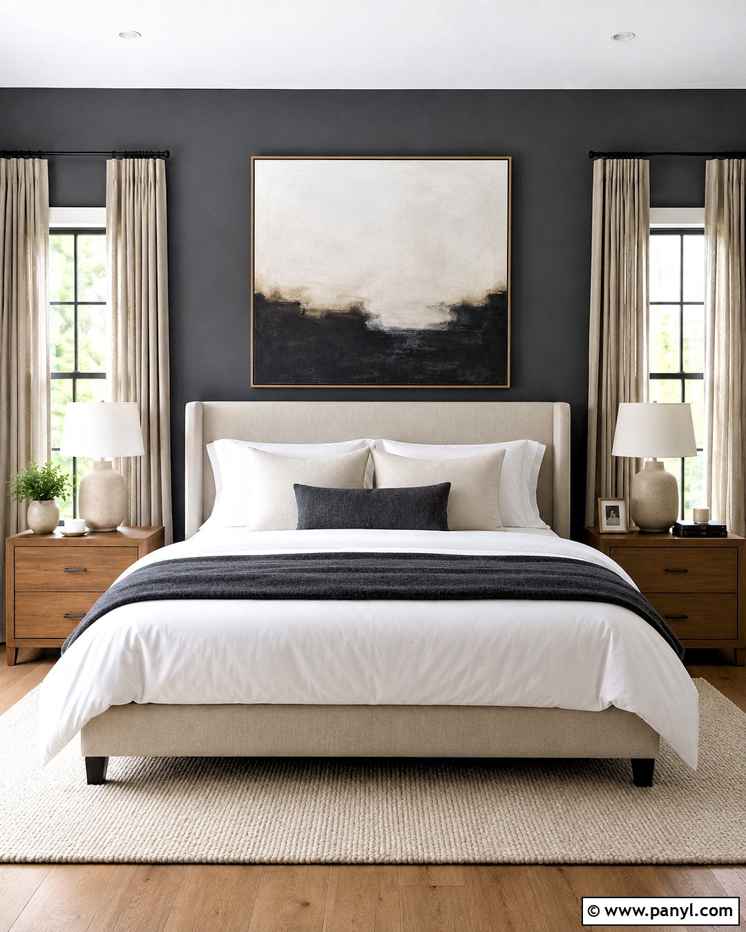Dark Grey Bedroom With White Bedding - 40 Dark Grey Walls