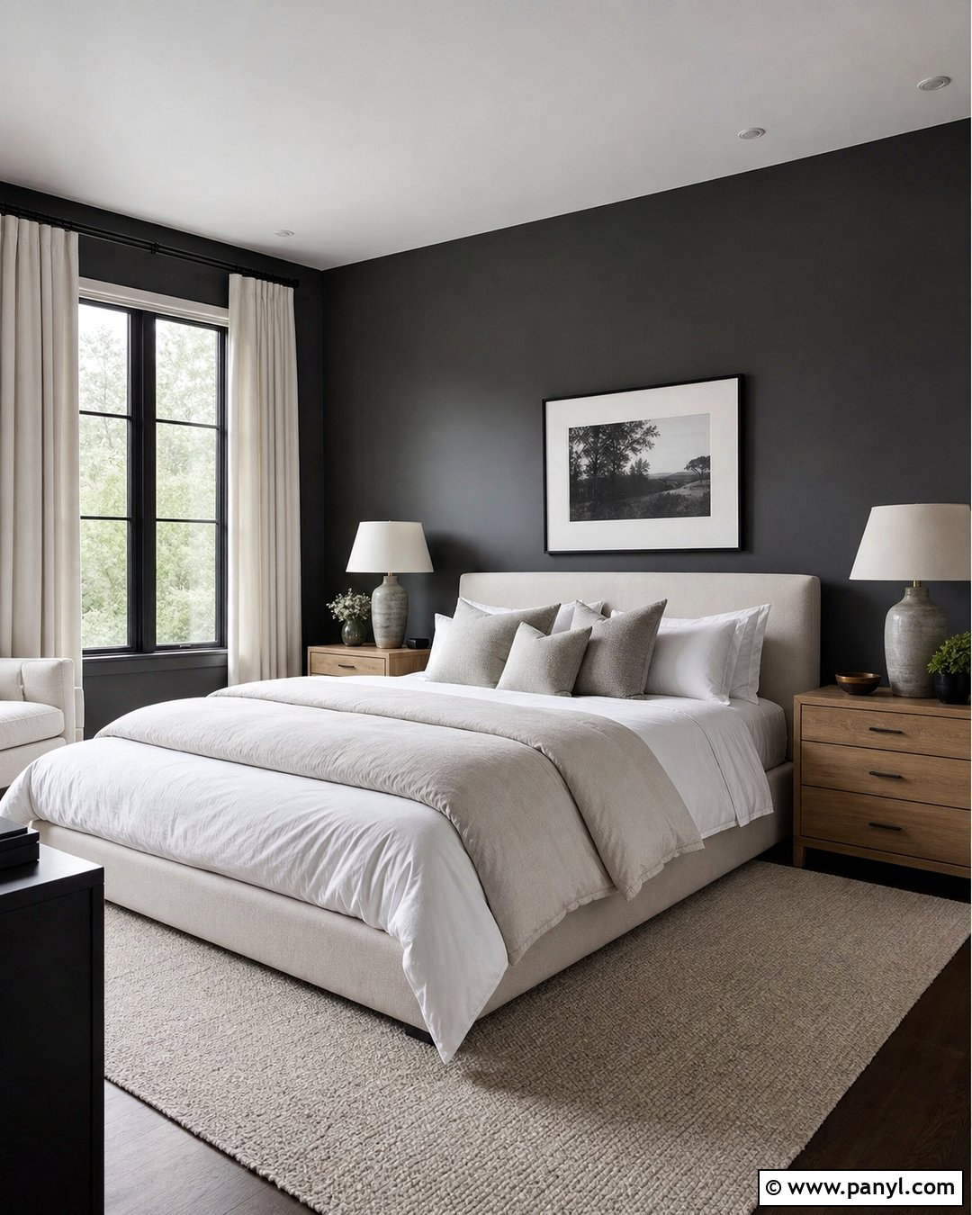 Dark Grey Bedroom With White Linen - 25 Dark Grey Wall Color Ideas