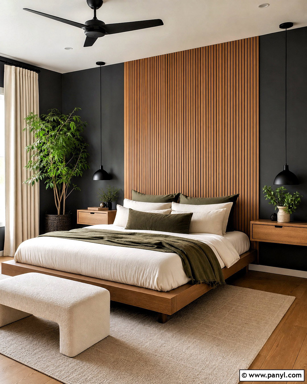 Dark Grey Bedroom With Wood Slat Headboard - 20 dark grey walls bedroom ideas