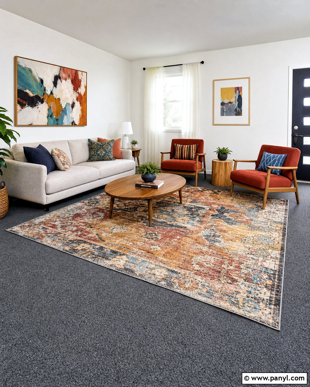 Dark Grey Carpet With A Colorful Rug - 20 dark grey carpet living room ideas