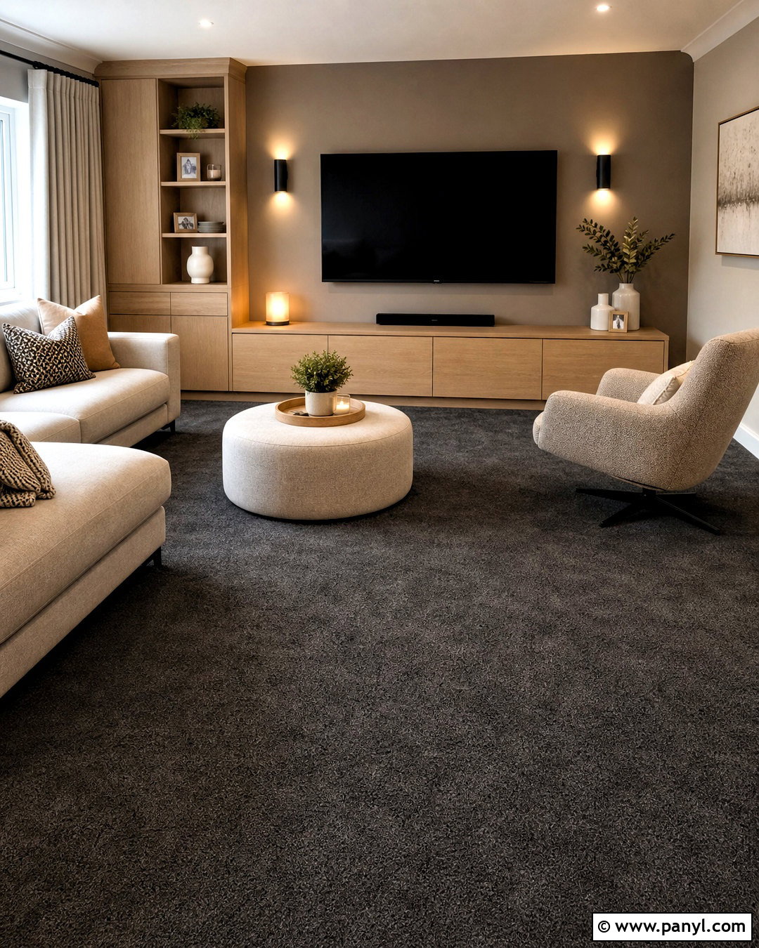 Dark Grey Carpet With A TV Wall - 20 dark grey carpet living room ideas