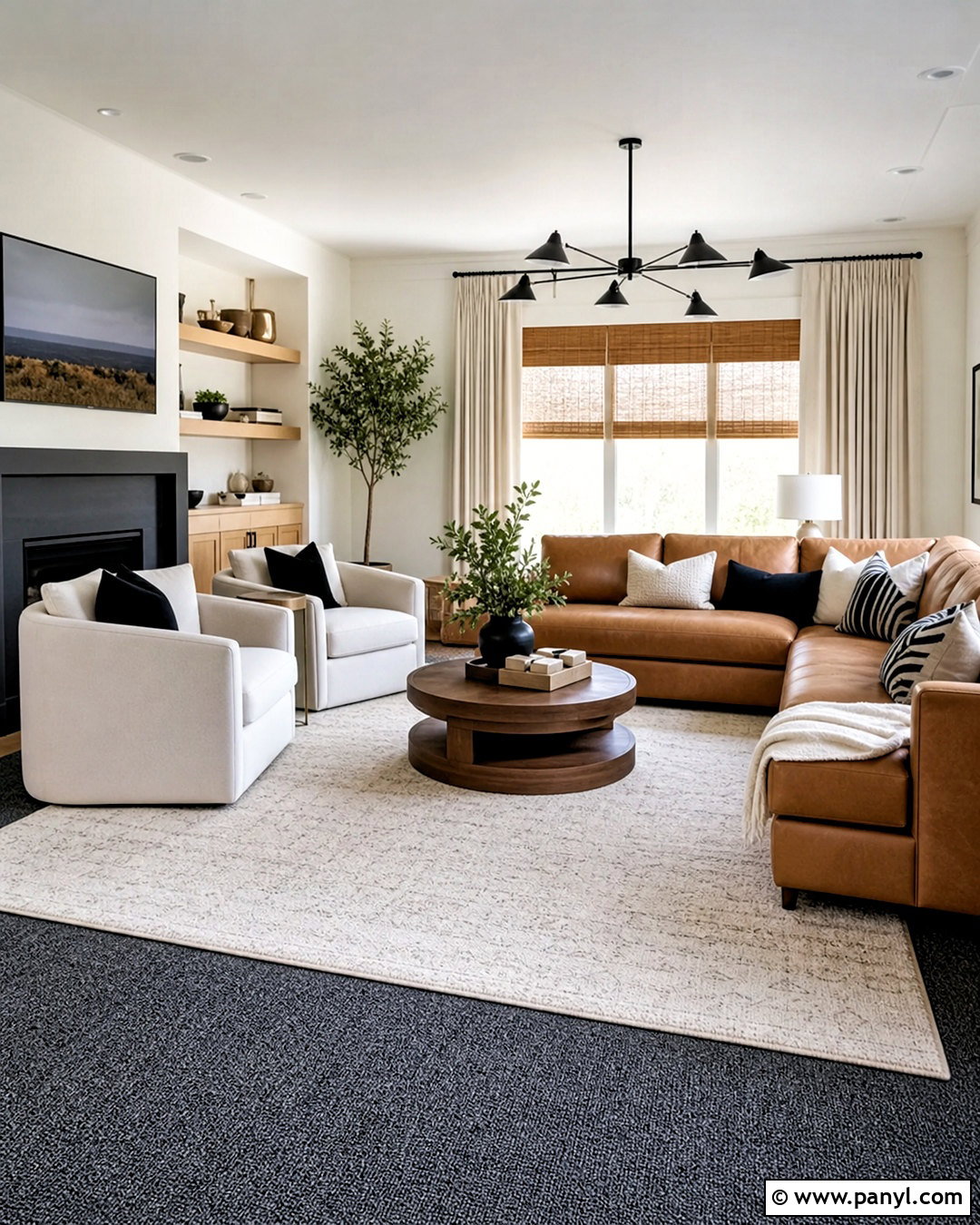 Dark Grey Carpet With A White Area Rug - 20 dark grey carpet living room ideas