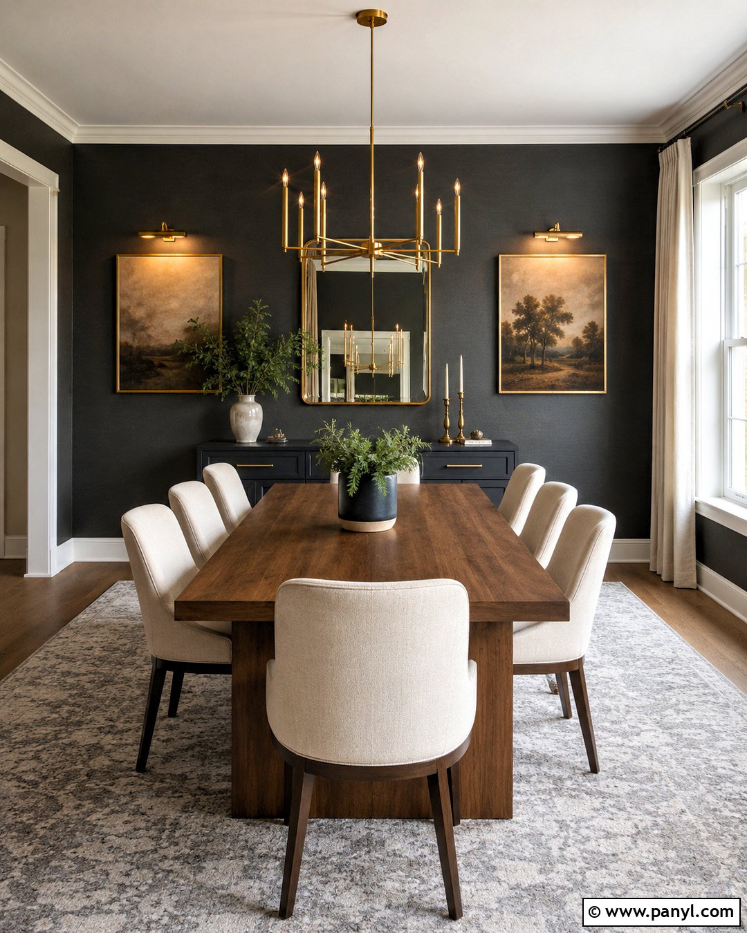 Dark Grey Dining Room With Brass Lighting - 40 Dark Grey Walls