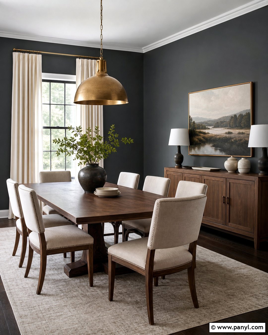 Dark Grey Dining Room With Brass Lighting - 25 Dark Grey Wall Color Ideas