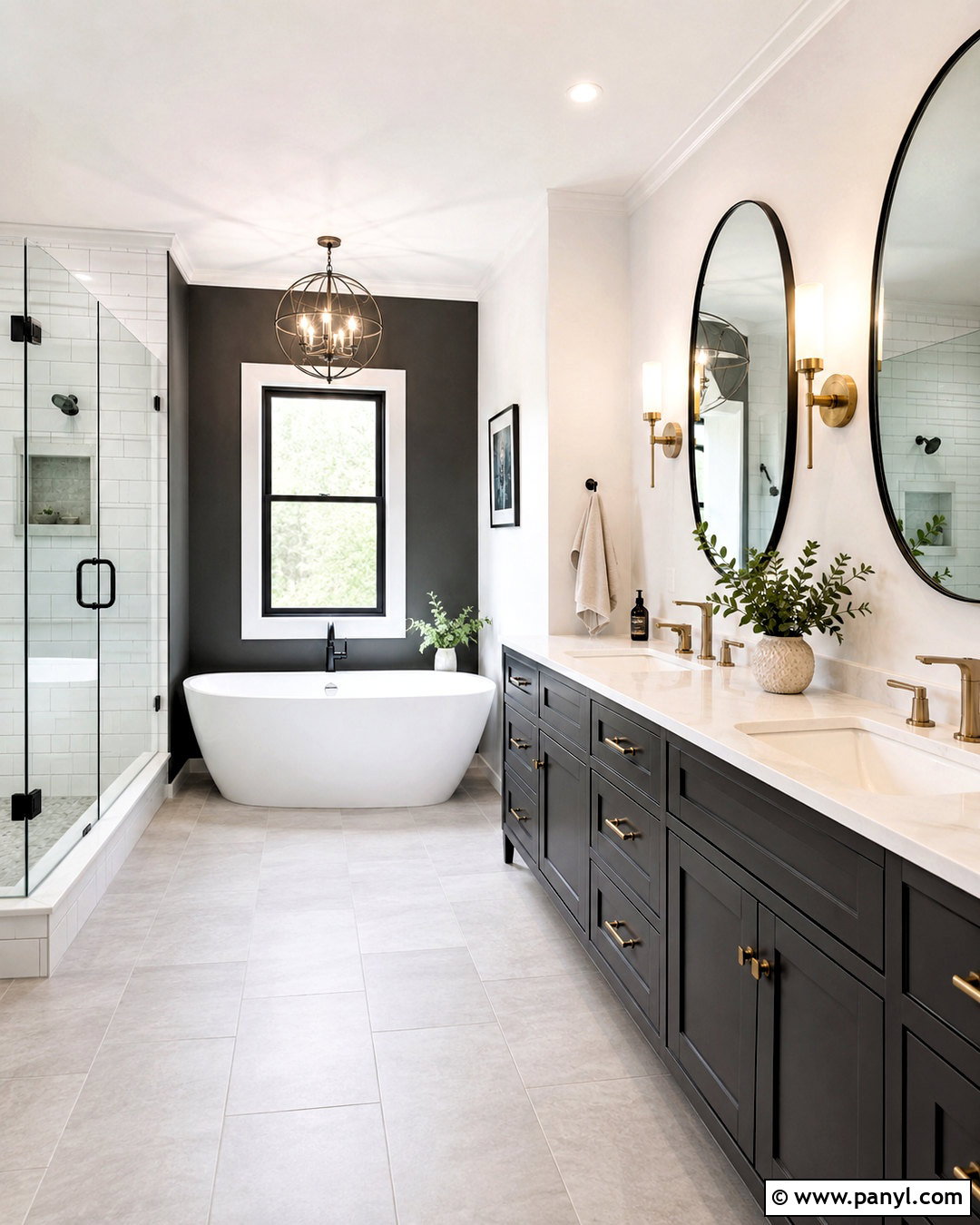 Dark Grey Double Vanity and White Bathroom - 20 dark grey and white bathroom ideas