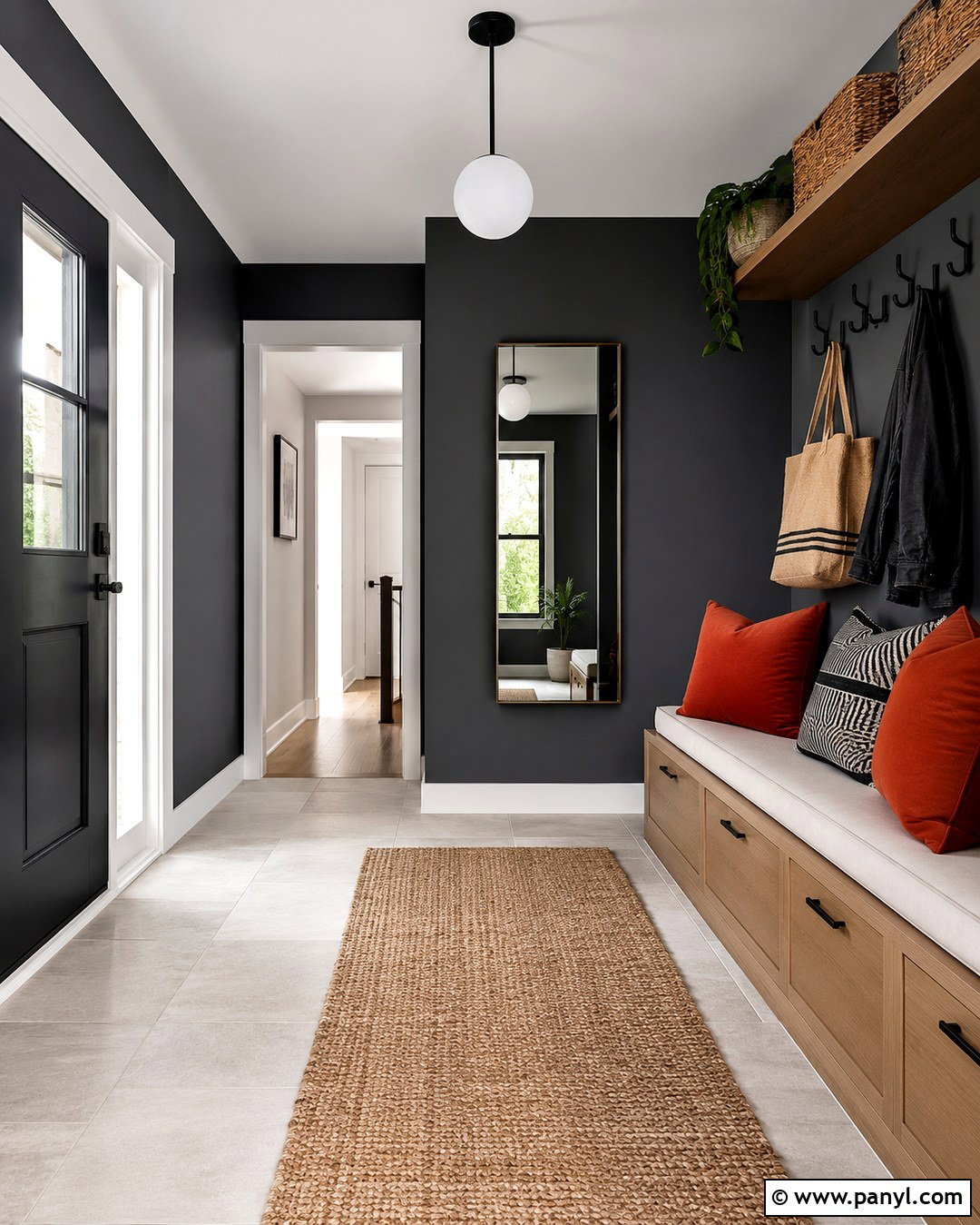 Dark Grey Entryway Walls With Light Oak Storage - 20 Dark Grey Interior Walls