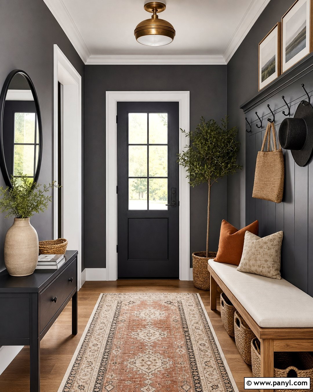Dark Grey Entryway With Wood Bench - 25 Dark Grey Wall Color Ideas