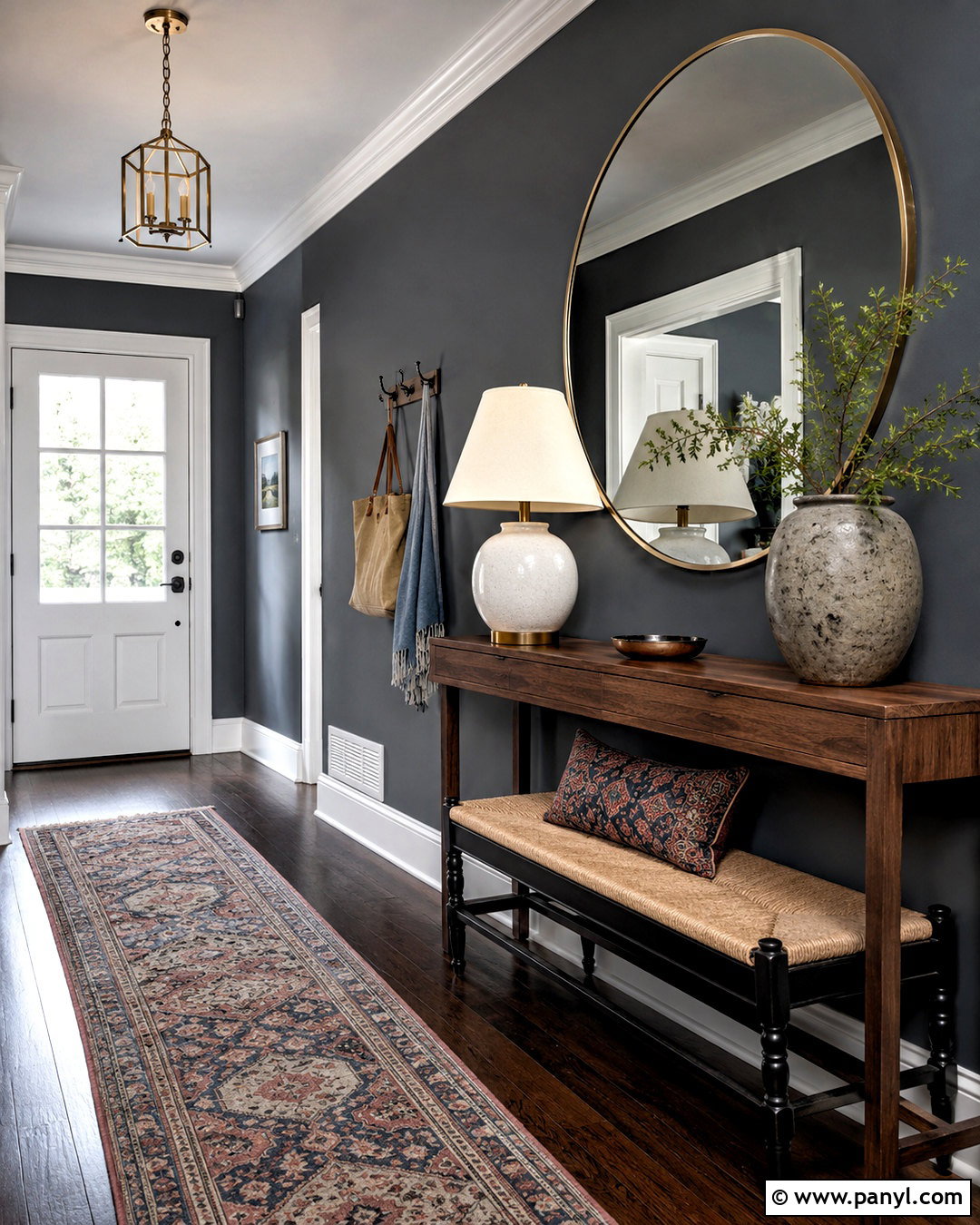 Dark Grey Entryway With Wood Console - 40 Dark Grey Walls
