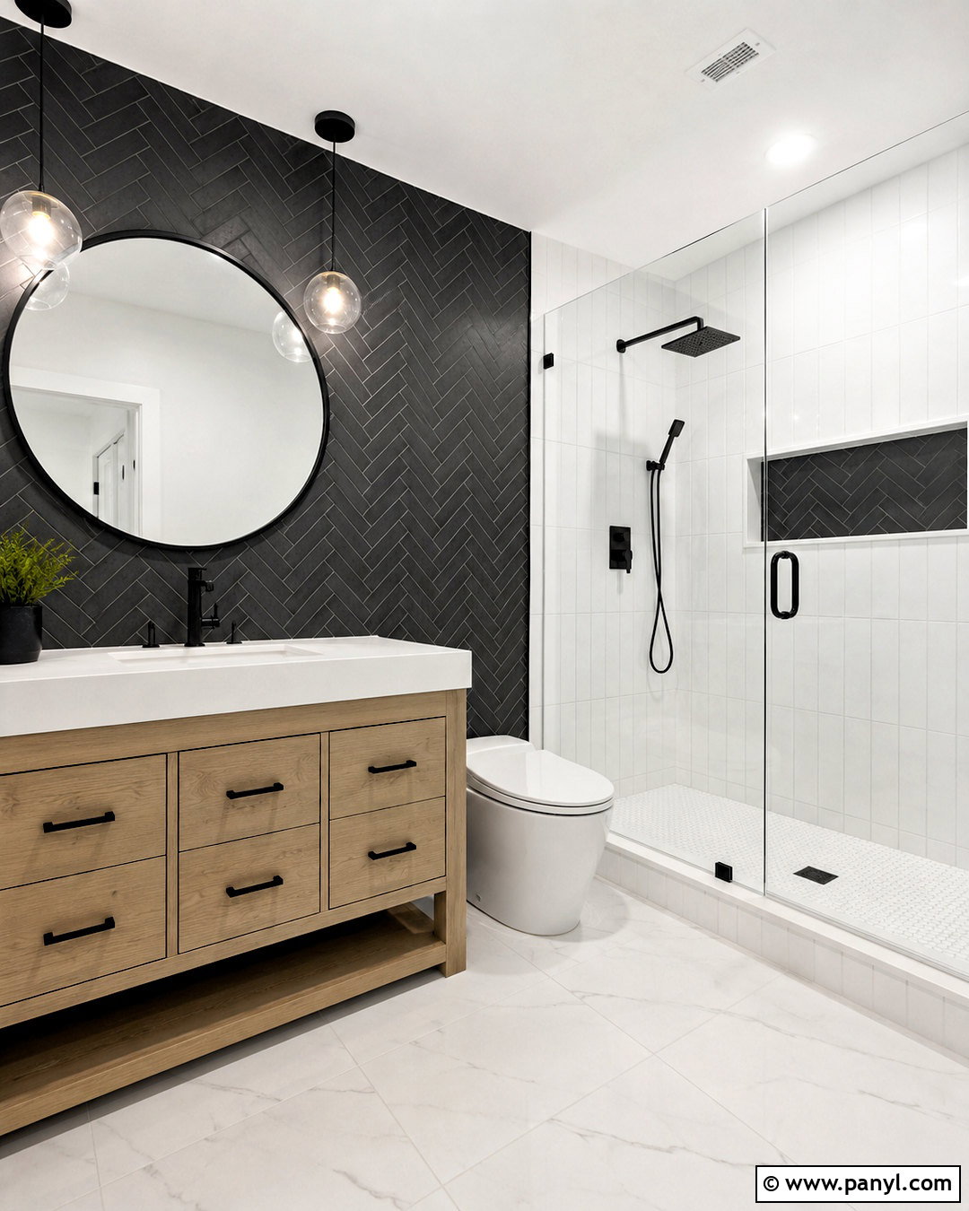 Dark Grey Herringbone and White Bathroom - 20 dark grey and white bathroom ideas