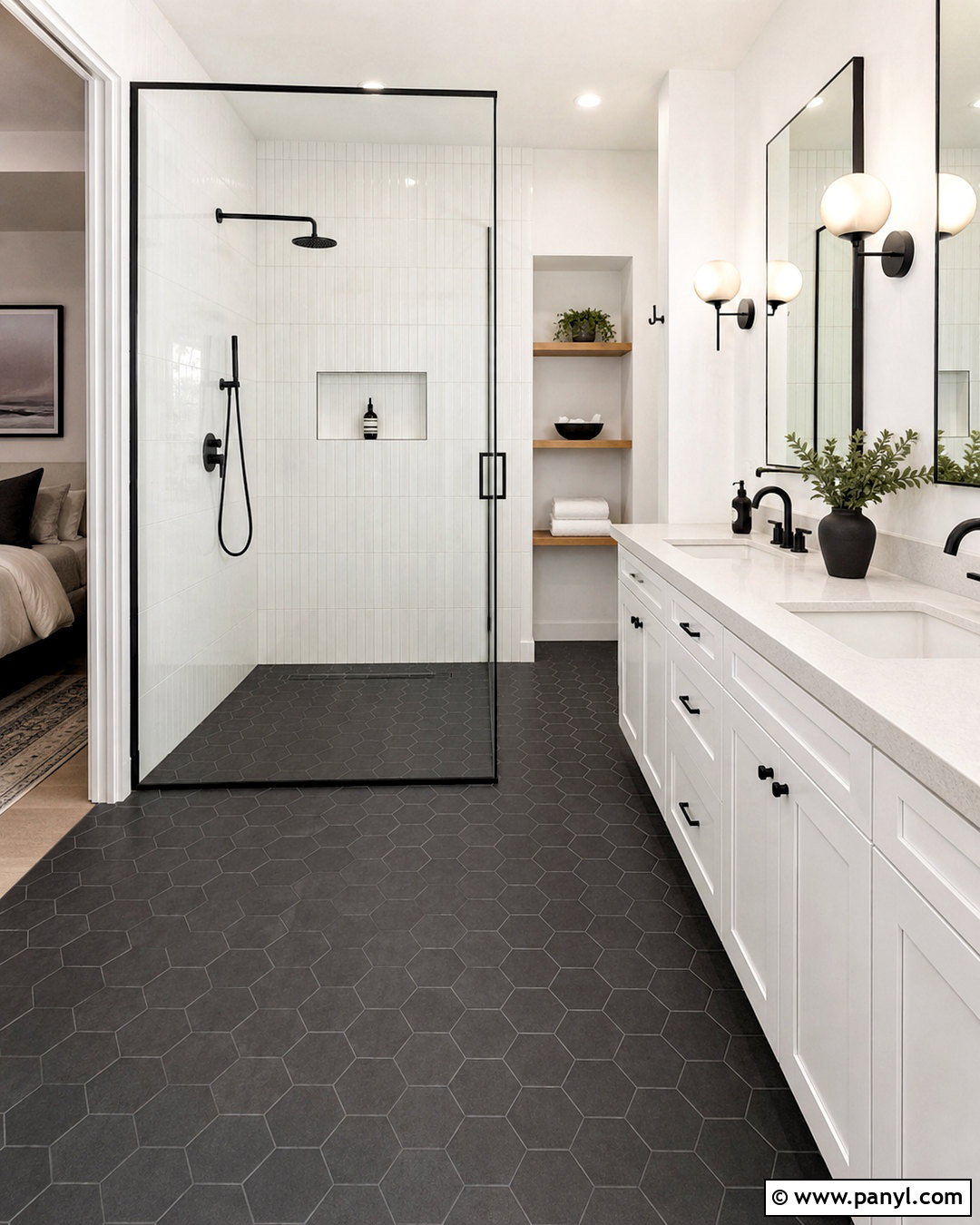 Dark Grey Hexagon Floor and White Bathroom - 20 dark grey and white bathroom ideas