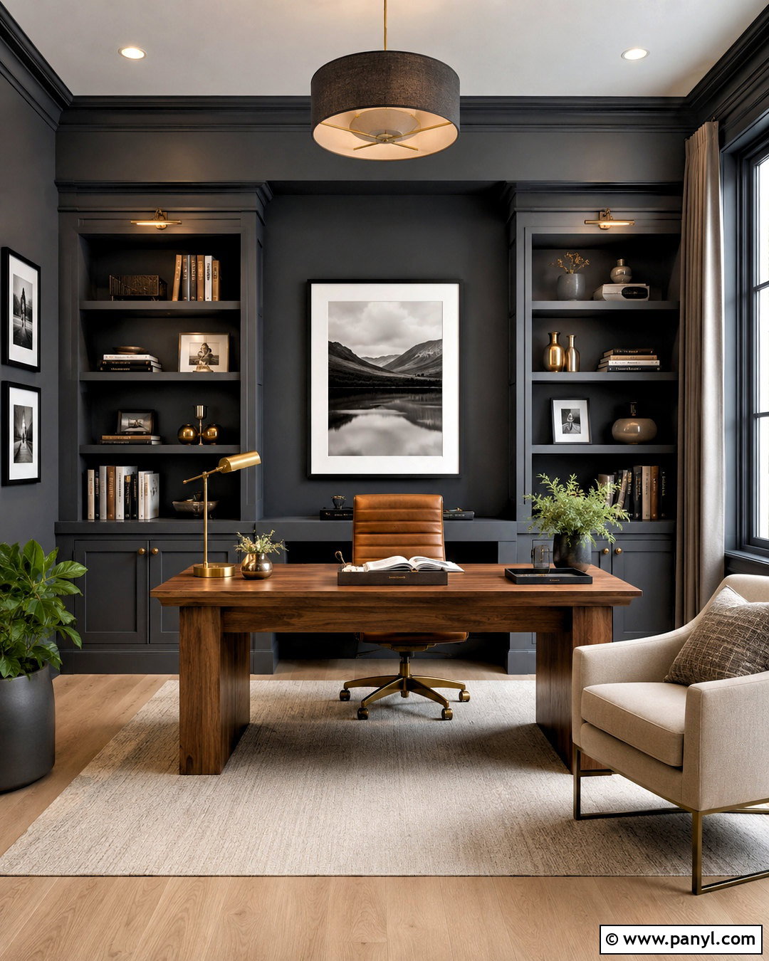 Dark Grey Home Office With Built-In Shelves - 20 dark grey room ideas