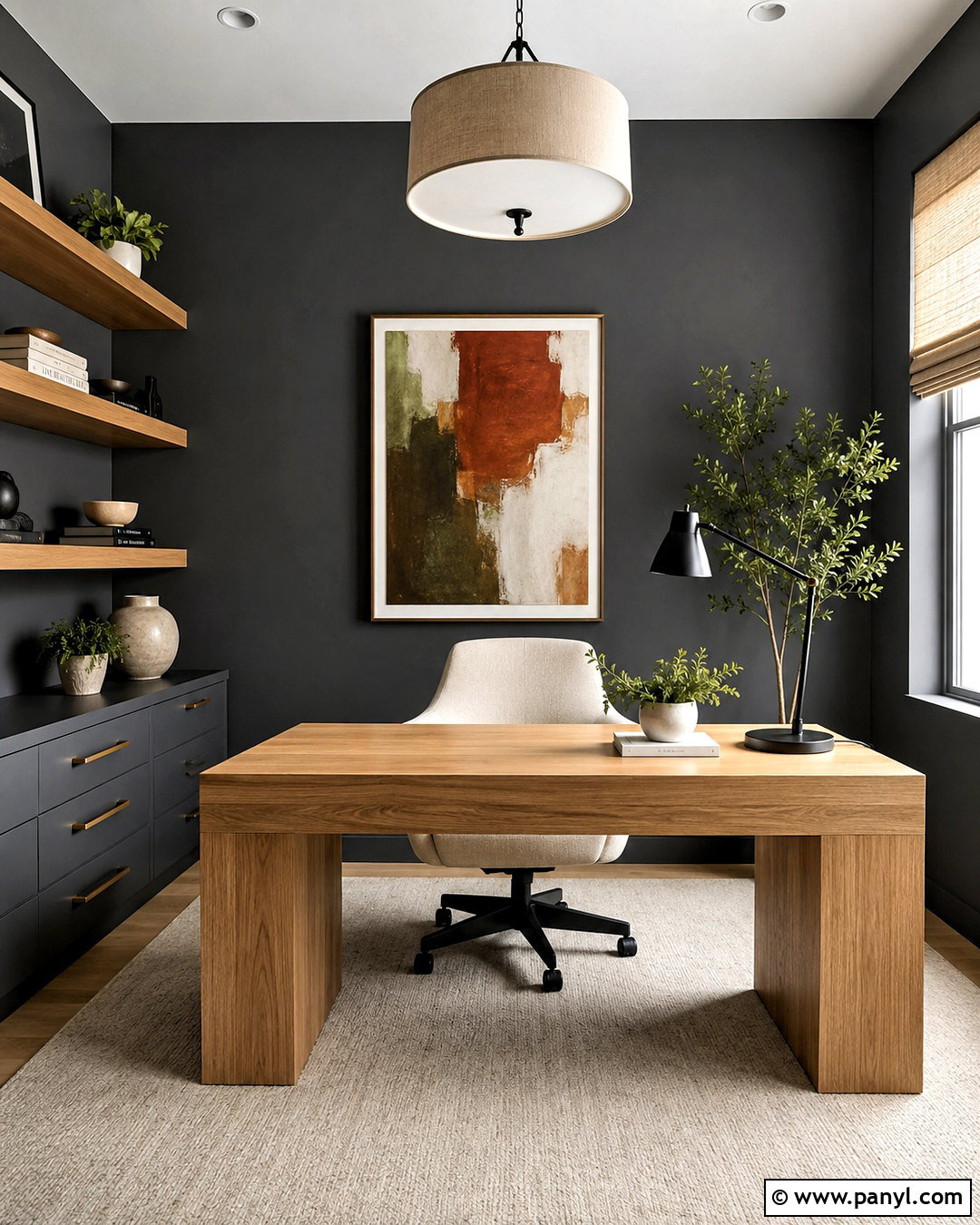 Dark Grey Home Office With Oak Desk - 40 Dark Grey Walls