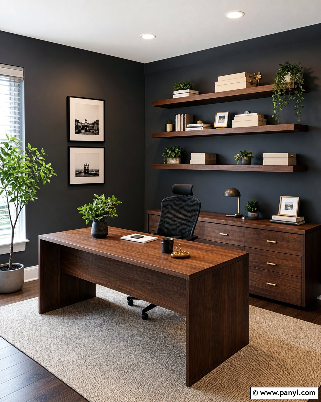 Dark Grey Home Office With Walnut Desk - 25 Dark Grey Wall Color Ideas
