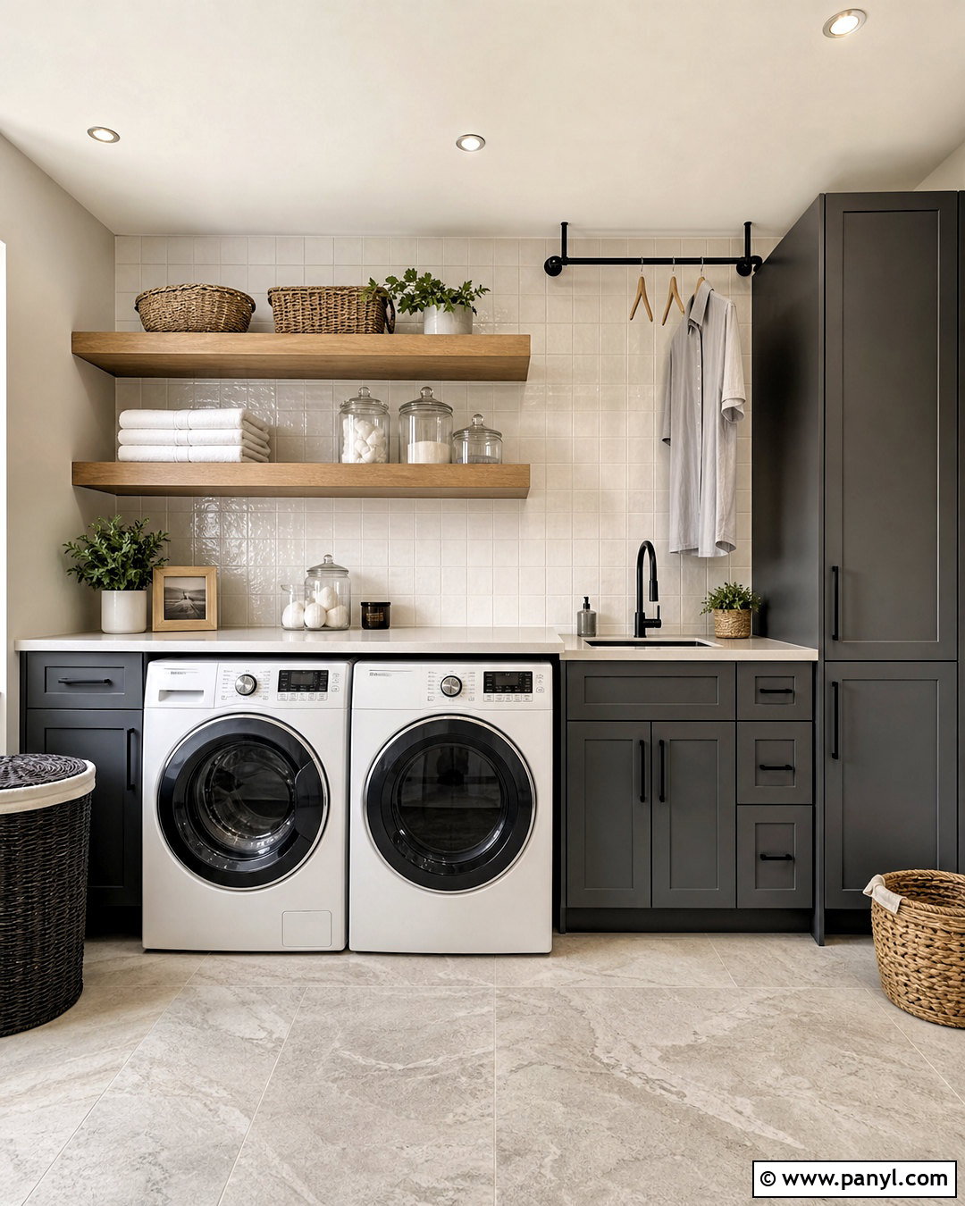 Dark Grey Laundry Room With Wood Shelves - 20 dark grey interior ideas