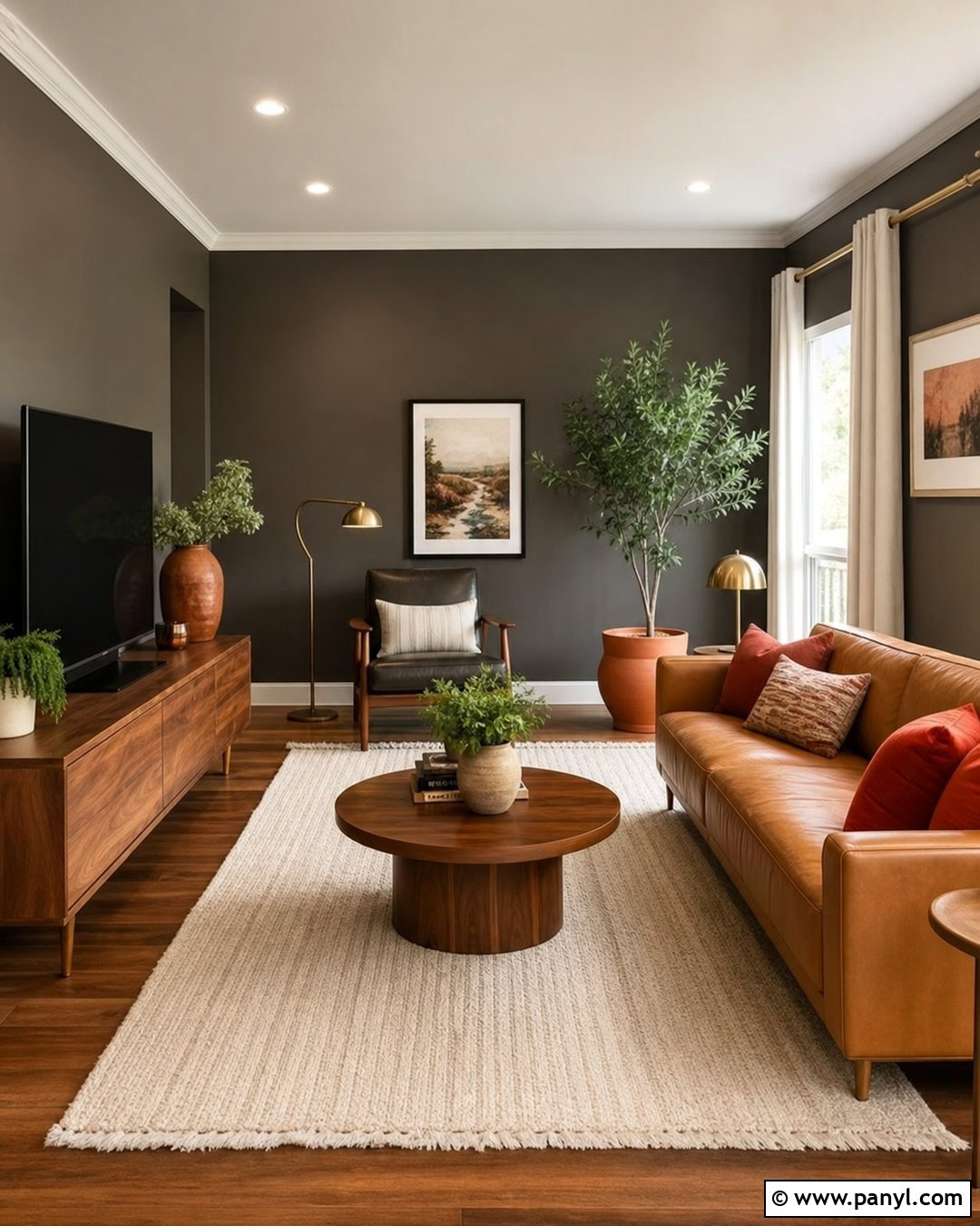 Dark Grey Living Room With Warm Wood - 25 Dark Grey Wall Color Ideas