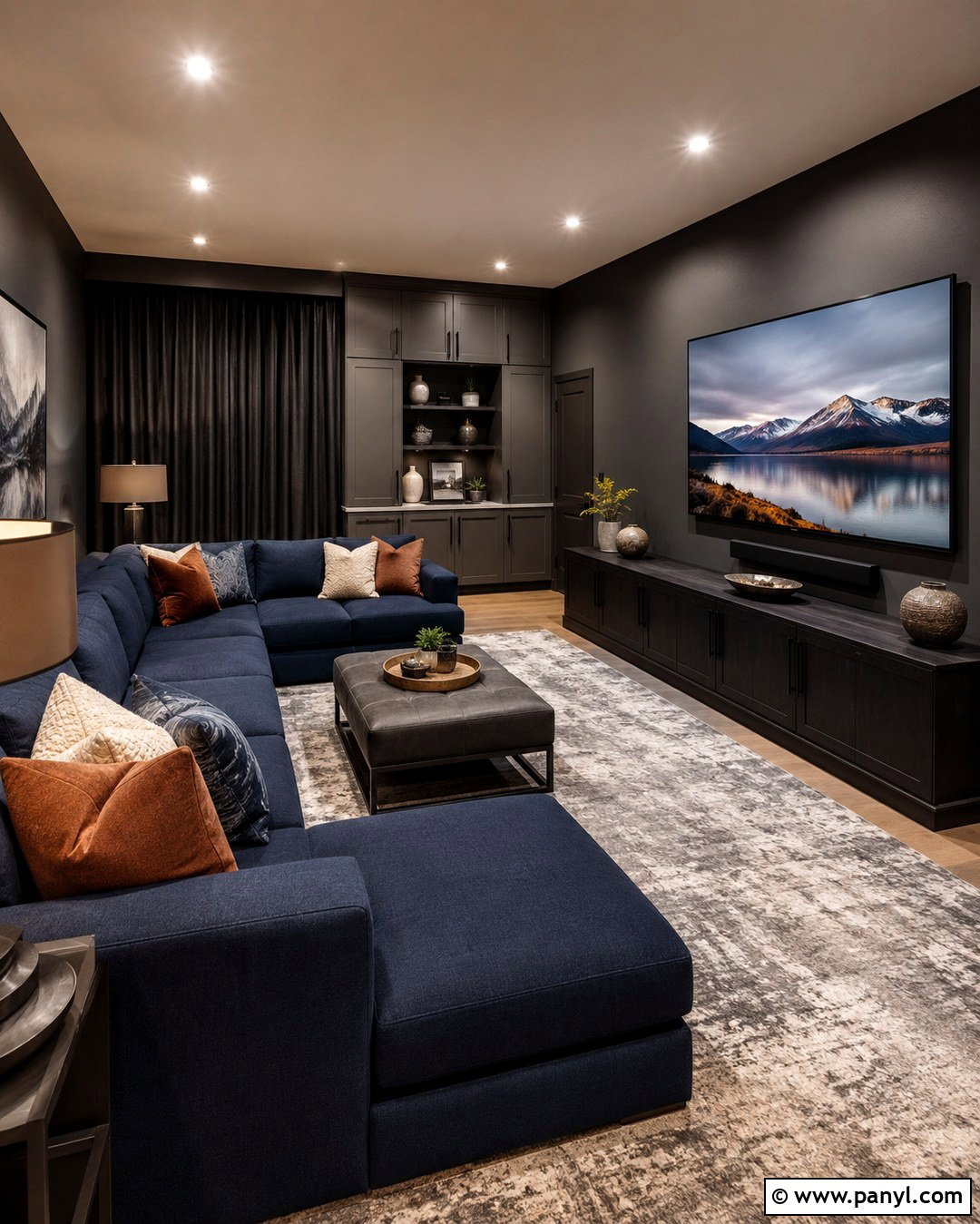 Dark Grey Media Room Walls With Blue Seating - 20 Dark Grey Interior Walls