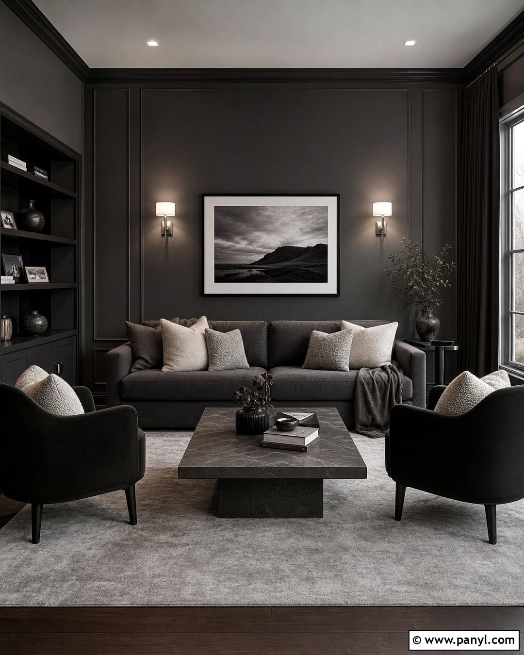 Dark Grey Monochromatic Living Room - 25 Dark Grey Wall Color Ideas