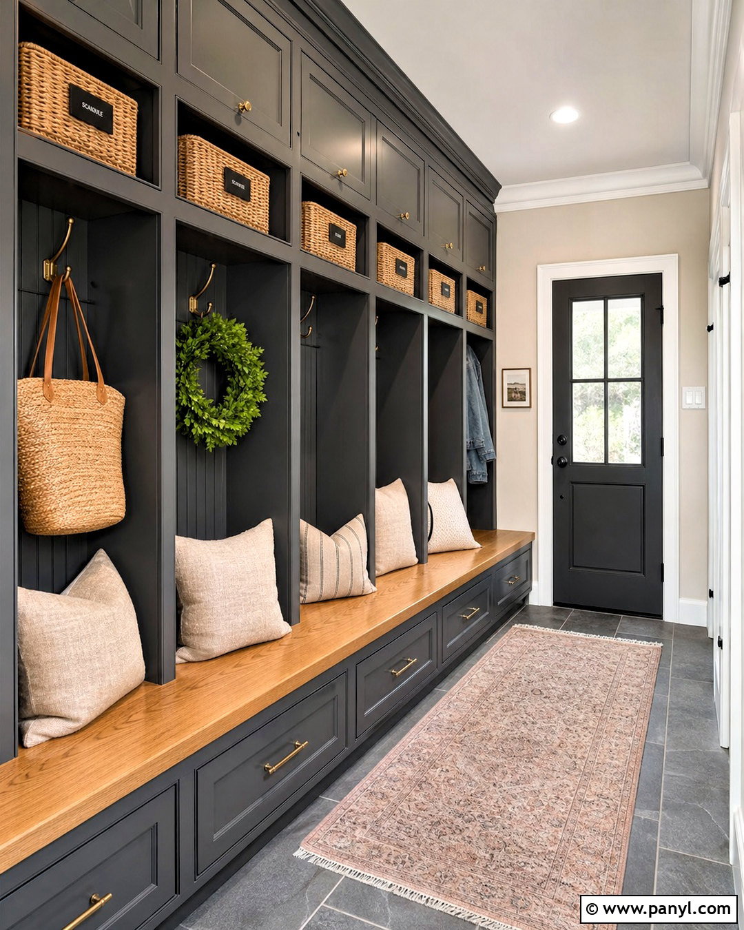 Dark Grey Mudroom With Bench Storage - 20 dark grey interior ideas