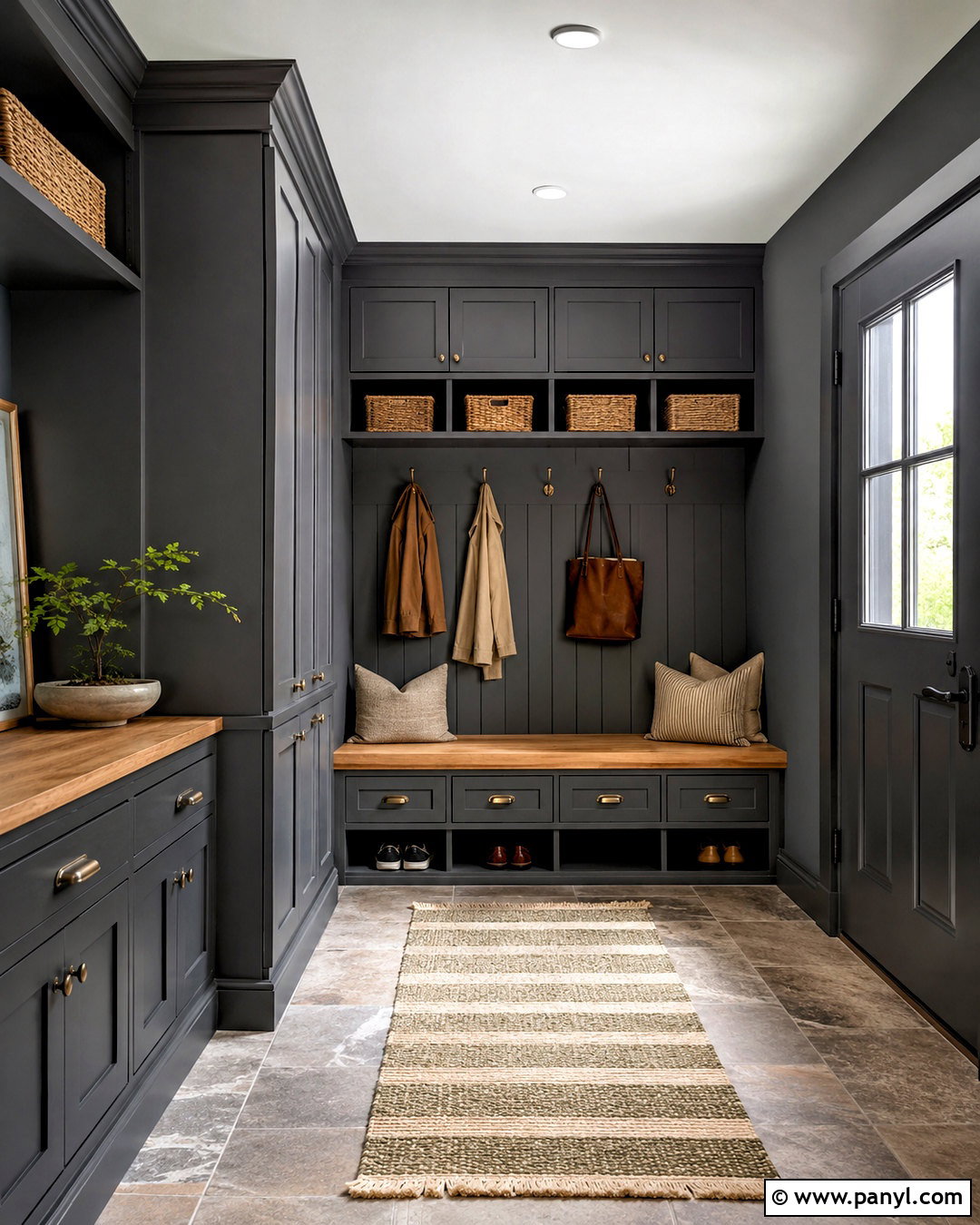 Dark Grey Mudroom With Built-In Storage - 40 Dark Grey Walls