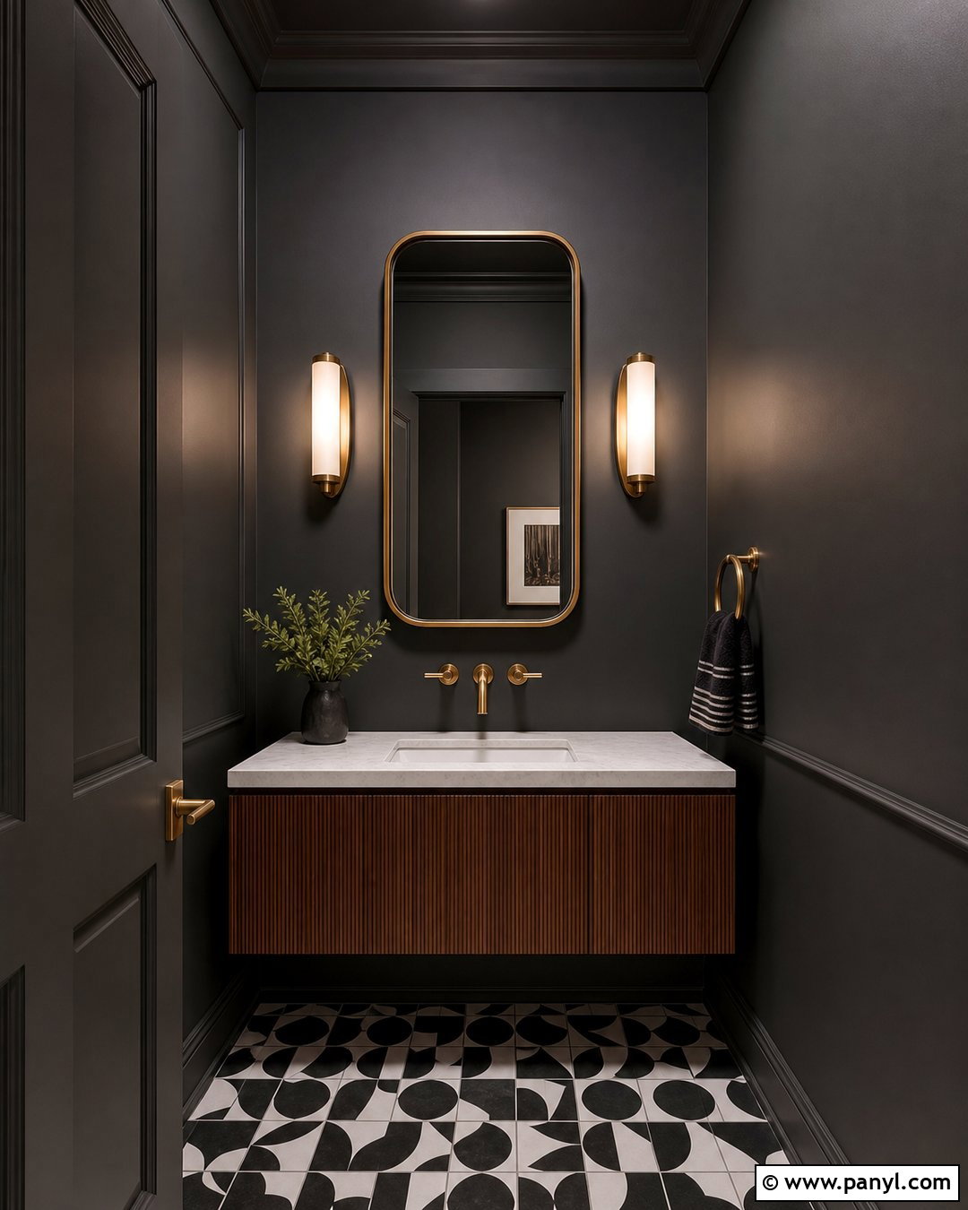 Dark Grey Powder Room With Brass Fixtures - 25 Dark Grey Wall Color Ideas