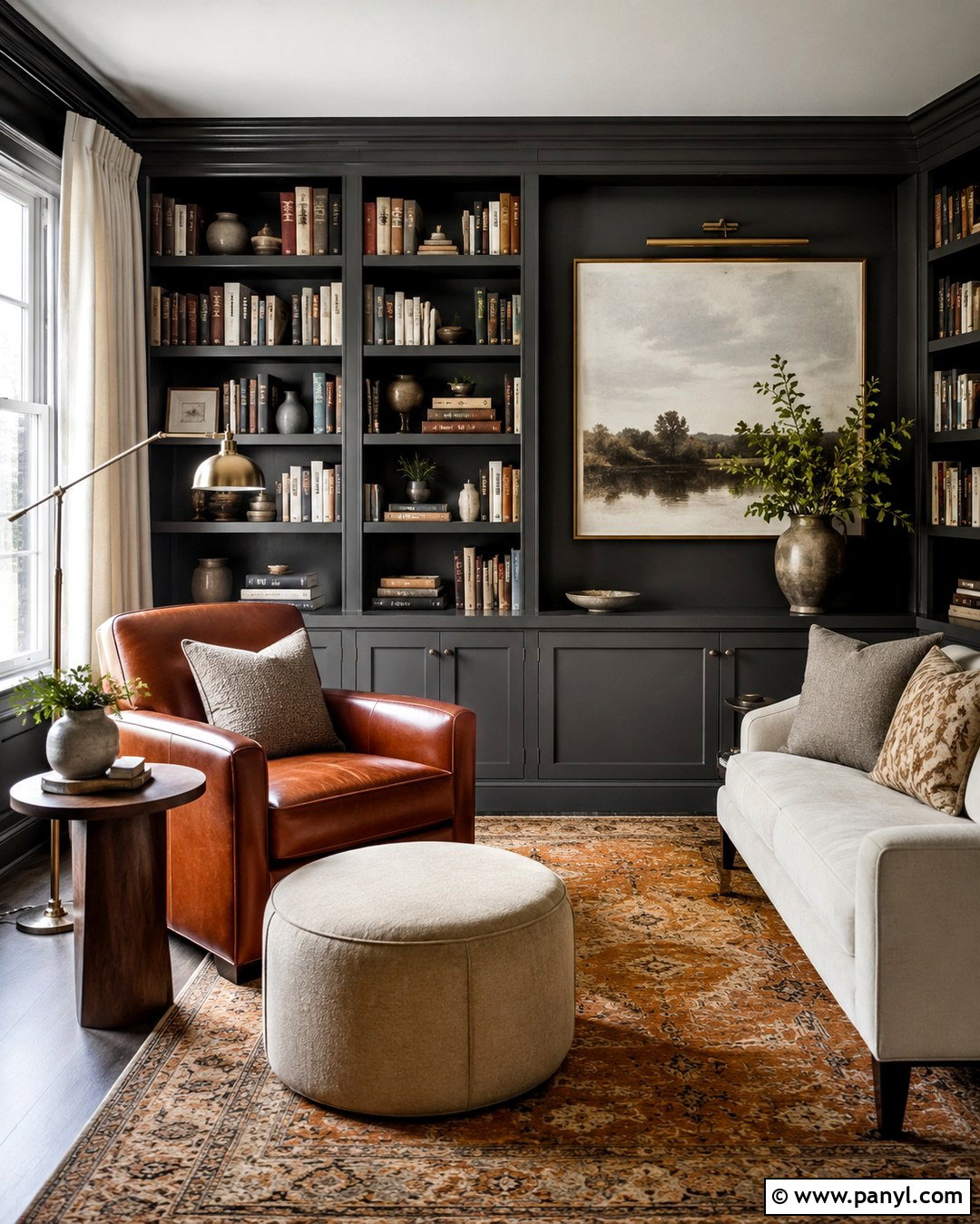 Dark Grey Reading Room Walls With Built-In Bookcases - 20 Dark Grey Interior Walls
